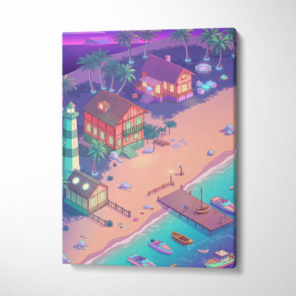 Vaporwave Neon Oasis Wall Art - Tropical Beach Neon Teal Pink Vaporwave Dreamy Nostalgic Retro Neon Cityscape Canvas