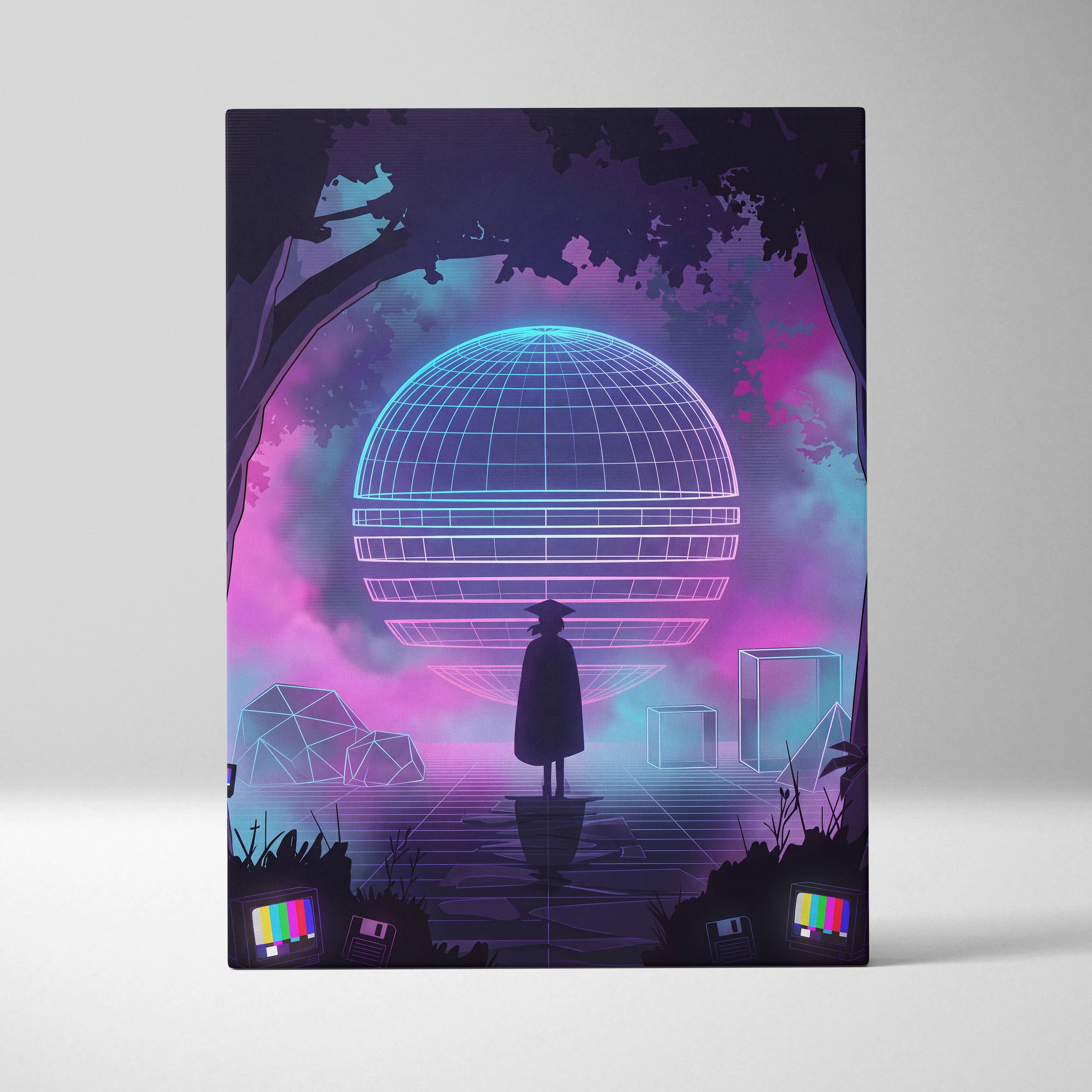 Neon Vaporwave Globe Canvas - Vaporwave Neon Globe Canvas Living Room Retro Atmospheric Nostalgic Synthwave Wall Art