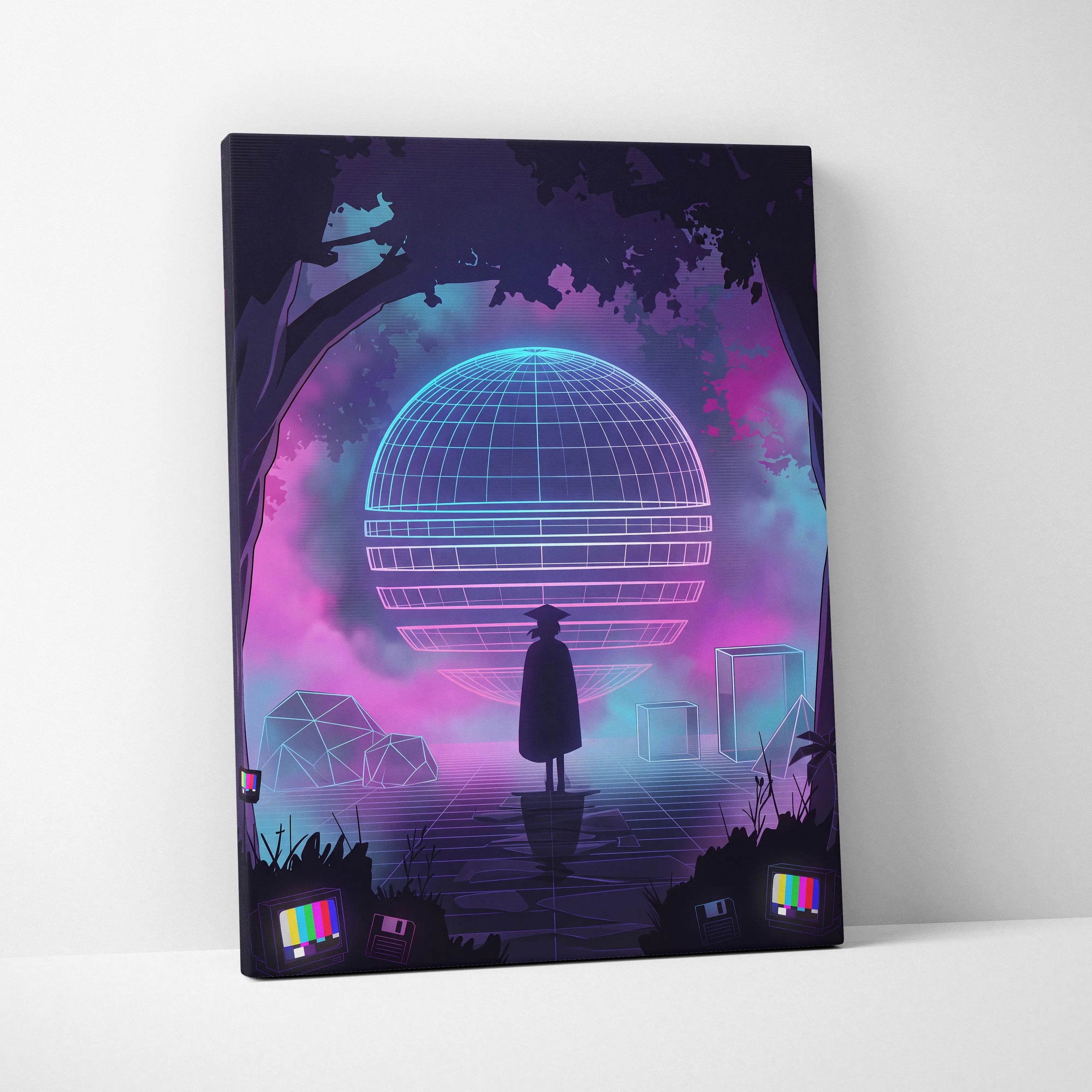 Neon Vaporwave Globe Canvas - Vaporwave Neon Globe Canvas Living Room Retro Atmospheric Nostalgic Synthwave Wall Art