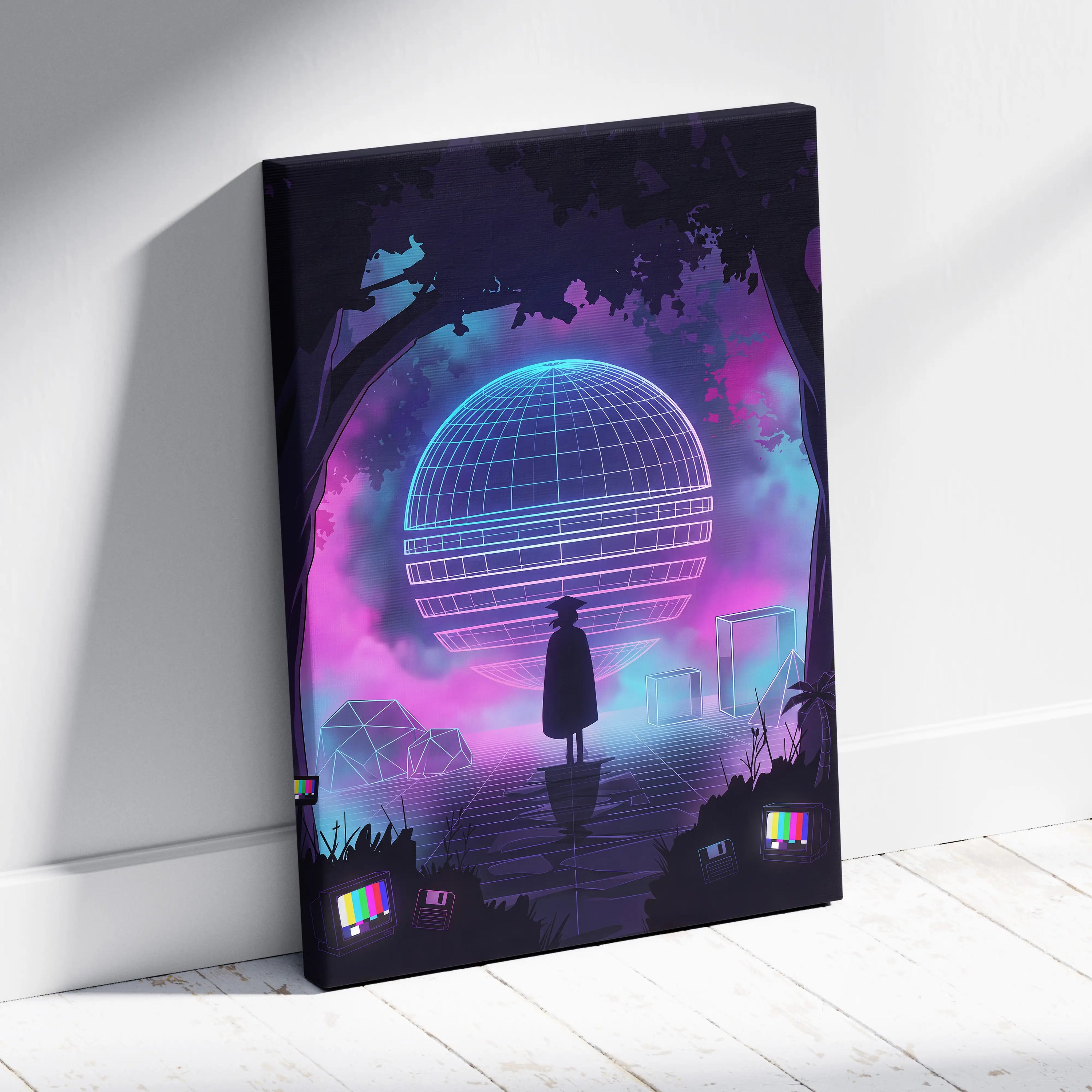 Neon Vaporwave Globe Canvas - Vaporwave Neon Globe Canvas Living Room Retro Atmospheric Nostalgic Synthwave Wall Art