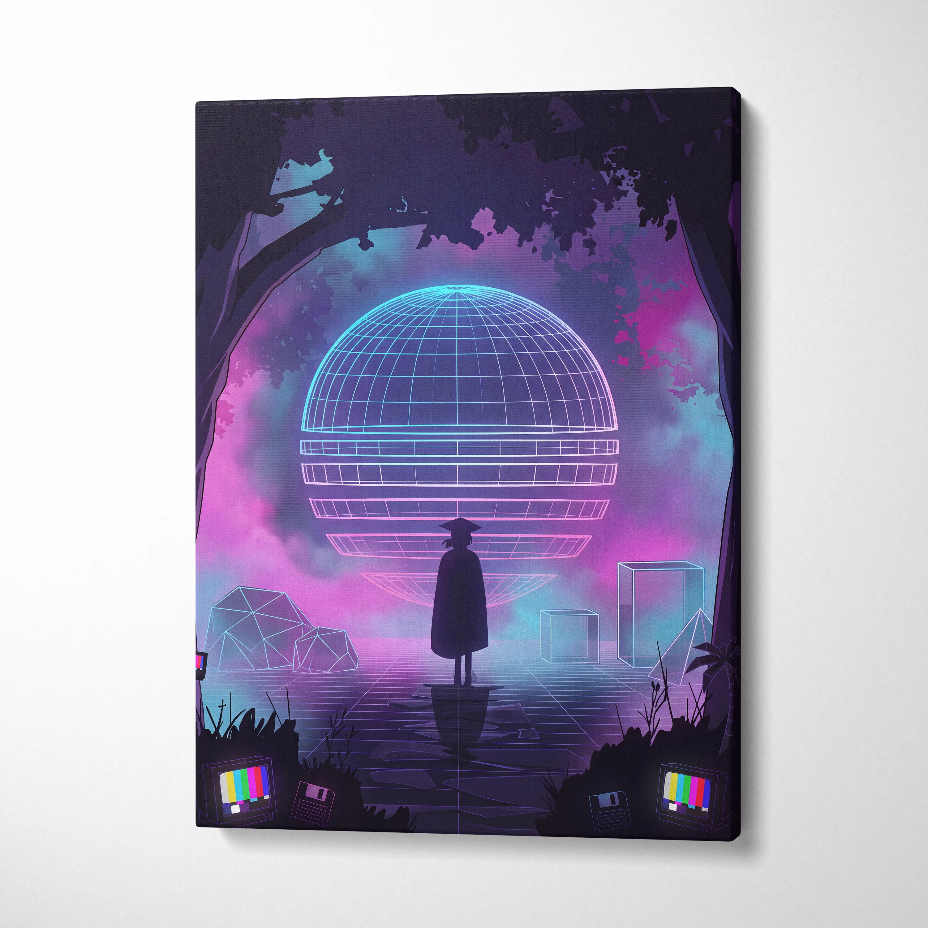 Neon Vaporwave Globe Canvas - Vaporwave Neon Globe Canvas Living Room Retro Atmospheric Nostalgic Synthwave Wall Art