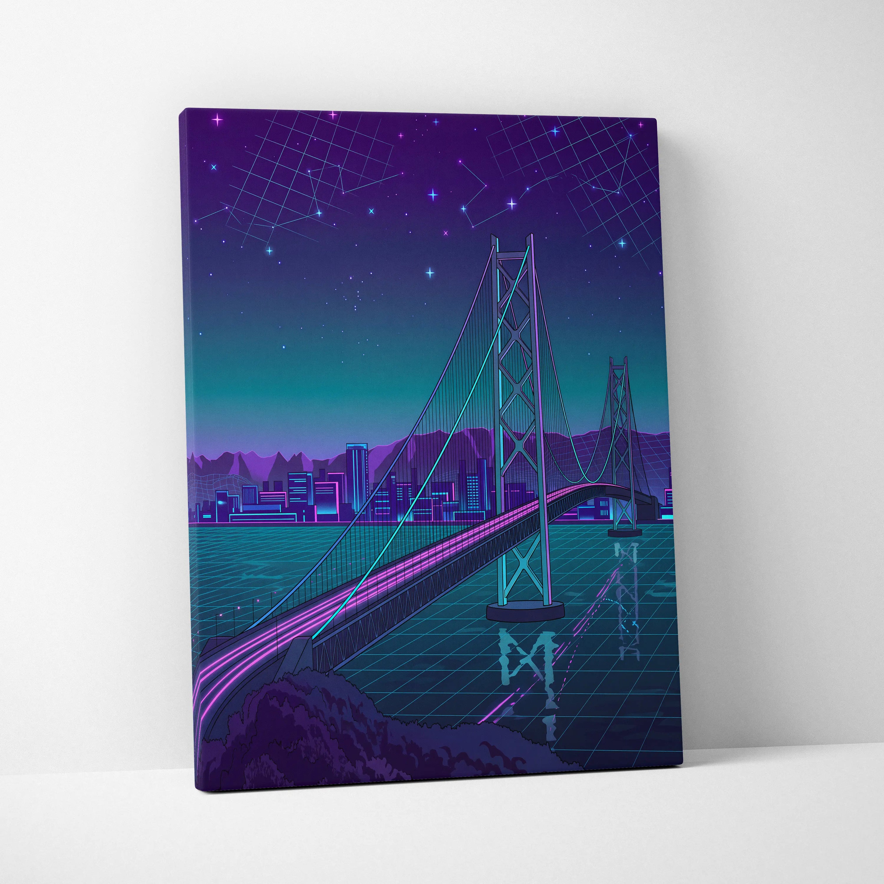 Neon Vaporwave Cityscape Canvas - Vaporwave Cityscape Neon Purple Living Room Retro Dreamy Neon Wall Art Canvas