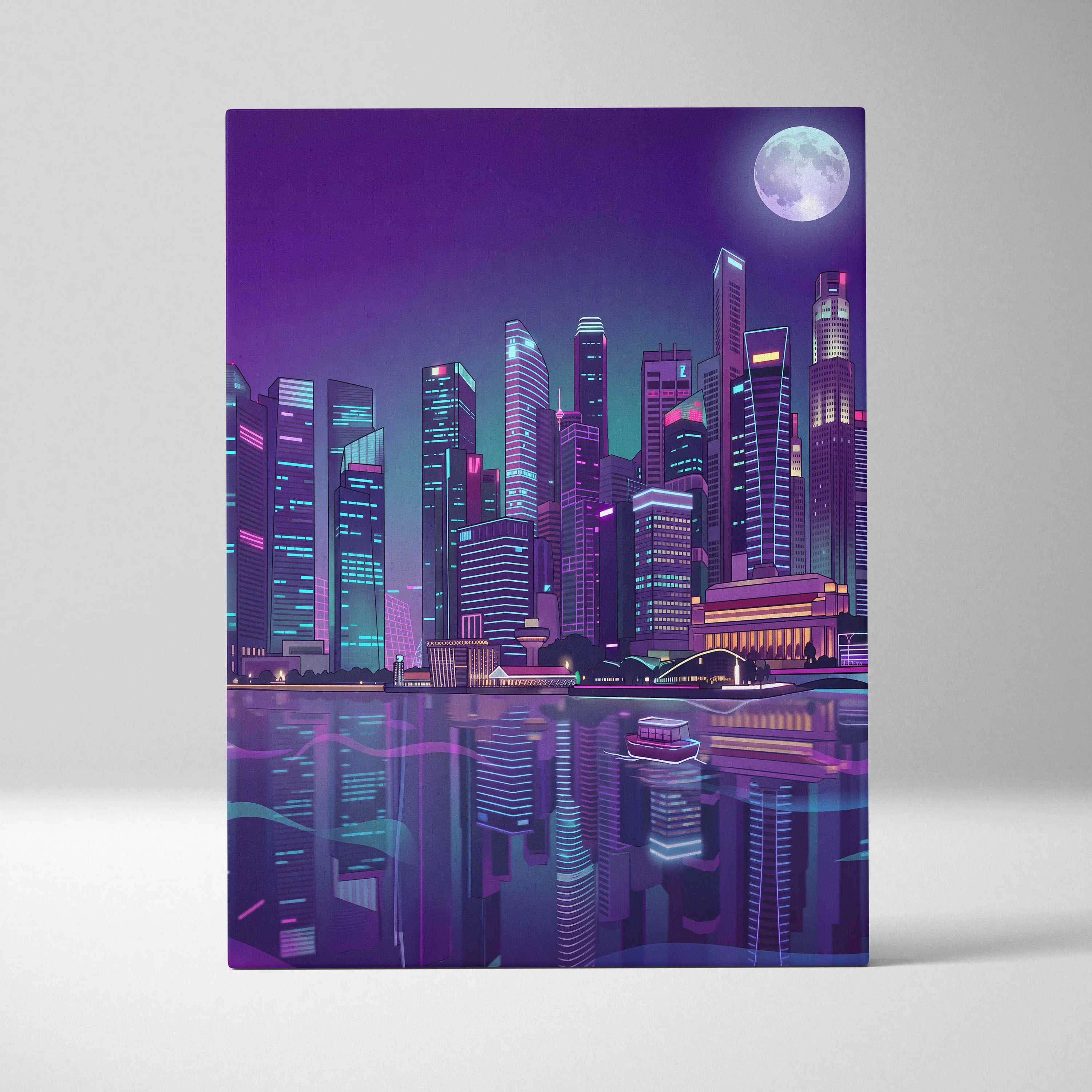 Neon City Vaporwave Canvas - Cityscape Neon Purple Blue Living Room Vaporwave Mood Retro Futurism Neon Glow Canvas