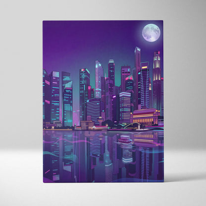 Neon City Vaporwave Canvas - Cityscape Neon Purple Blue Living Room Vaporwave Mood Retro Futurism Neon Glow Canvas