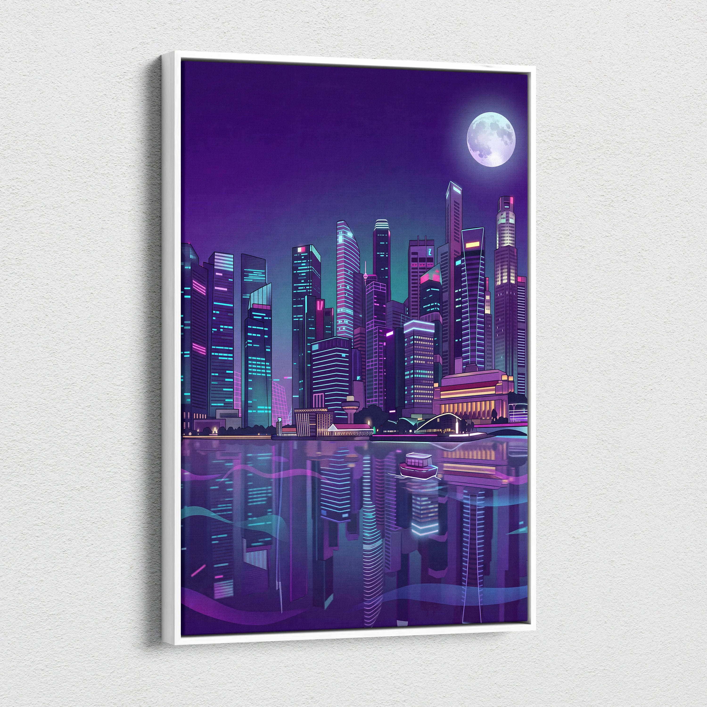 Neon City Vaporwave Canvas - Cityscape Neon Purple Blue Living Room Vaporwave Mood Retro Futurism Neon Glow Canvas