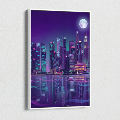 Neon City Vaporwave Canvas - Cityscape Neon Purple Blue Living Room Vaporwave Mood Retro Futurism Neon Glow Canvas