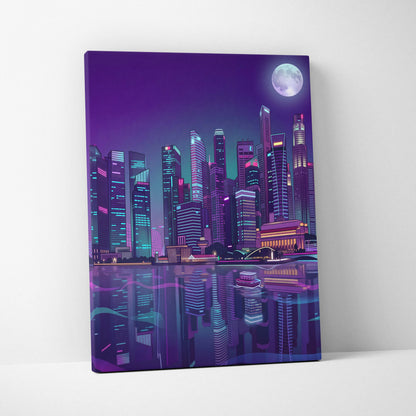 Neon City Vaporwave Canvas - Cityscape Neon Purple Blue Living Room Vaporwave Mood Retro Futurism Neon Glow Canvas