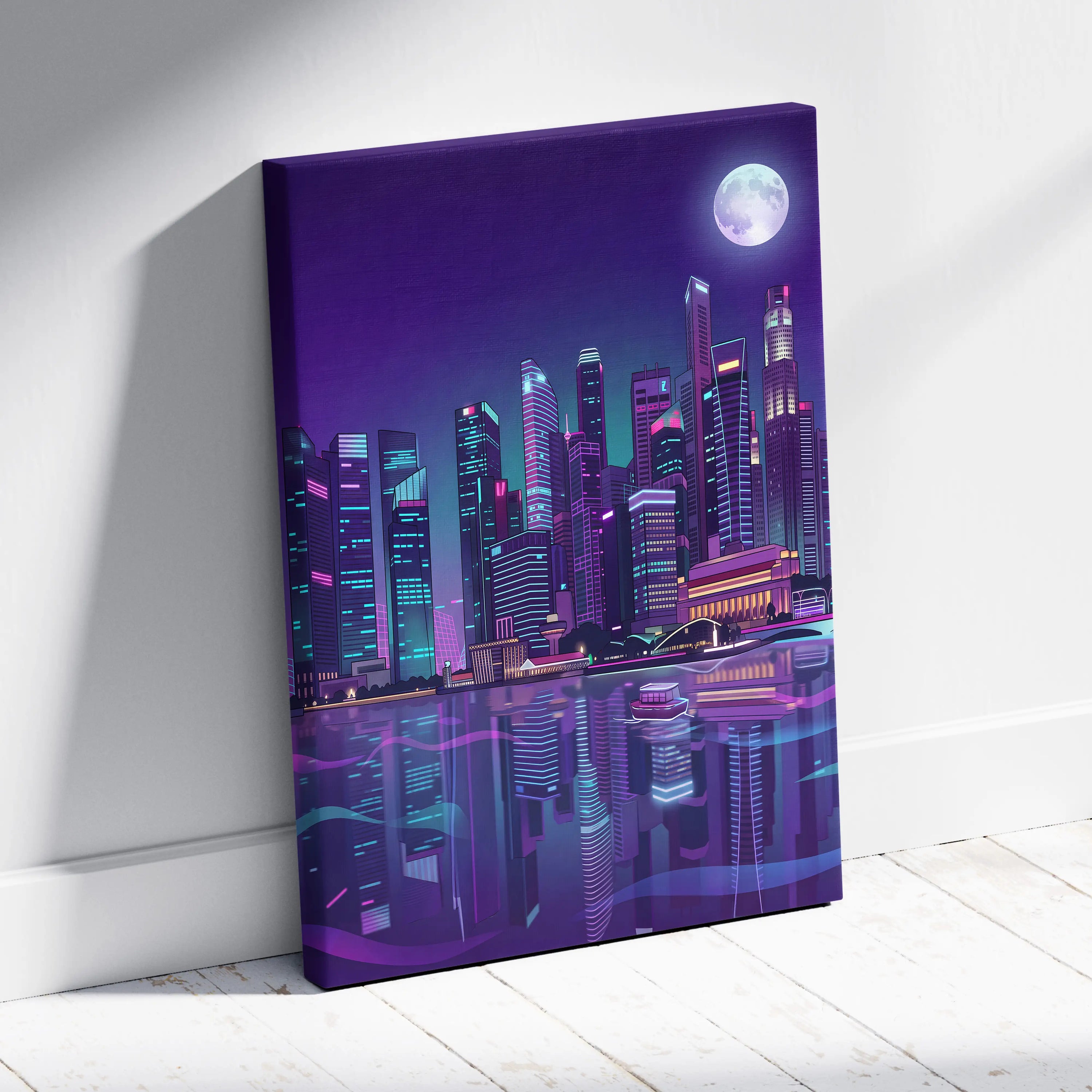 Neon City Vaporwave Canvas - Cityscape Neon Purple Blue Living Room Vaporwave Mood Retro Futurism Neon Glow Canvas