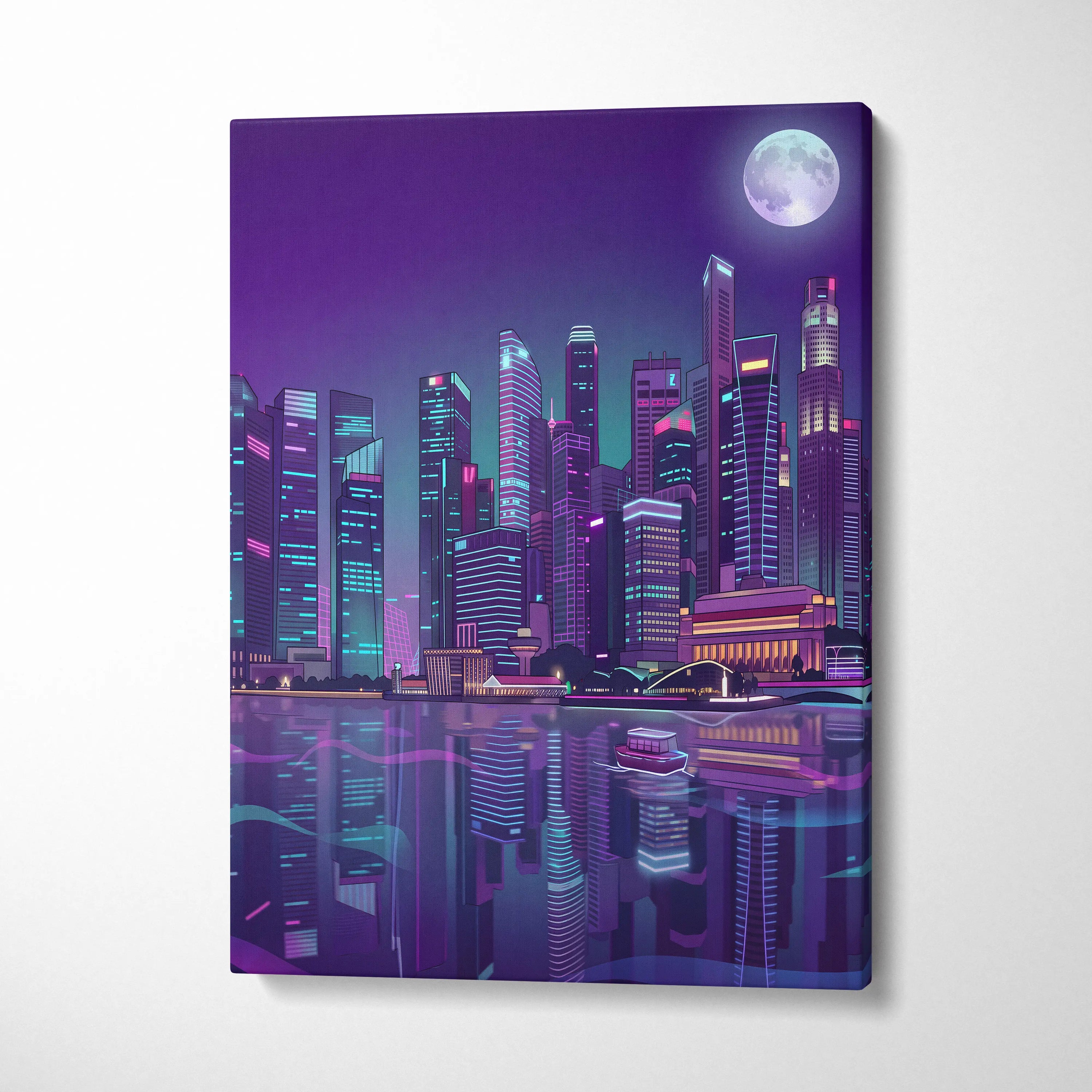 Neon City Vaporwave Canvas - Cityscape Neon Purple Blue Living Room Vaporwave Mood Retro Futurism Neon Glow Canvas