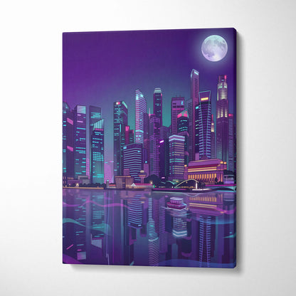 Neon City Vaporwave Canvas - Cityscape Neon Purple Blue Living Room Vaporwave Mood Retro Futurism Neon Glow Canvas