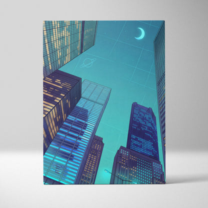 Neon Skyline Vaporwave Canvas - Cityscape Neon Blues Teal Living Room Vaporwave Dreamy Mood Retro Futurism Vaporwave Canvas
