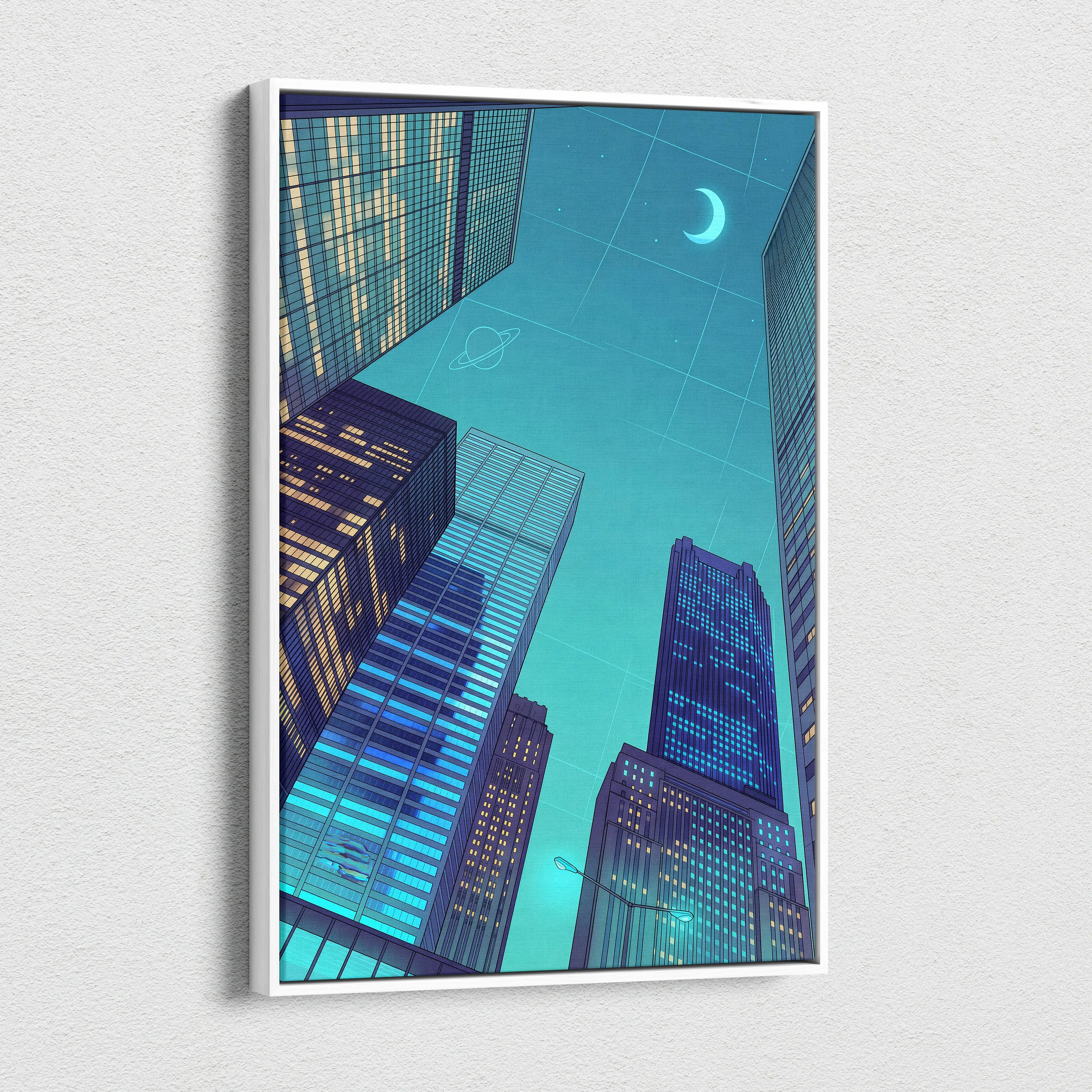 Neon Skyline Vaporwave Canvas - Cityscape Neon Blues Teal Living Room Vaporwave Dreamy Mood Retro Futurism Vaporwave Canvas