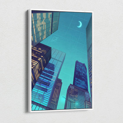 Neon Skyline Vaporwave Canvas - Cityscape Neon Blues Teal Living Room Vaporwave Dreamy Mood Retro Futurism Vaporwave Canvas