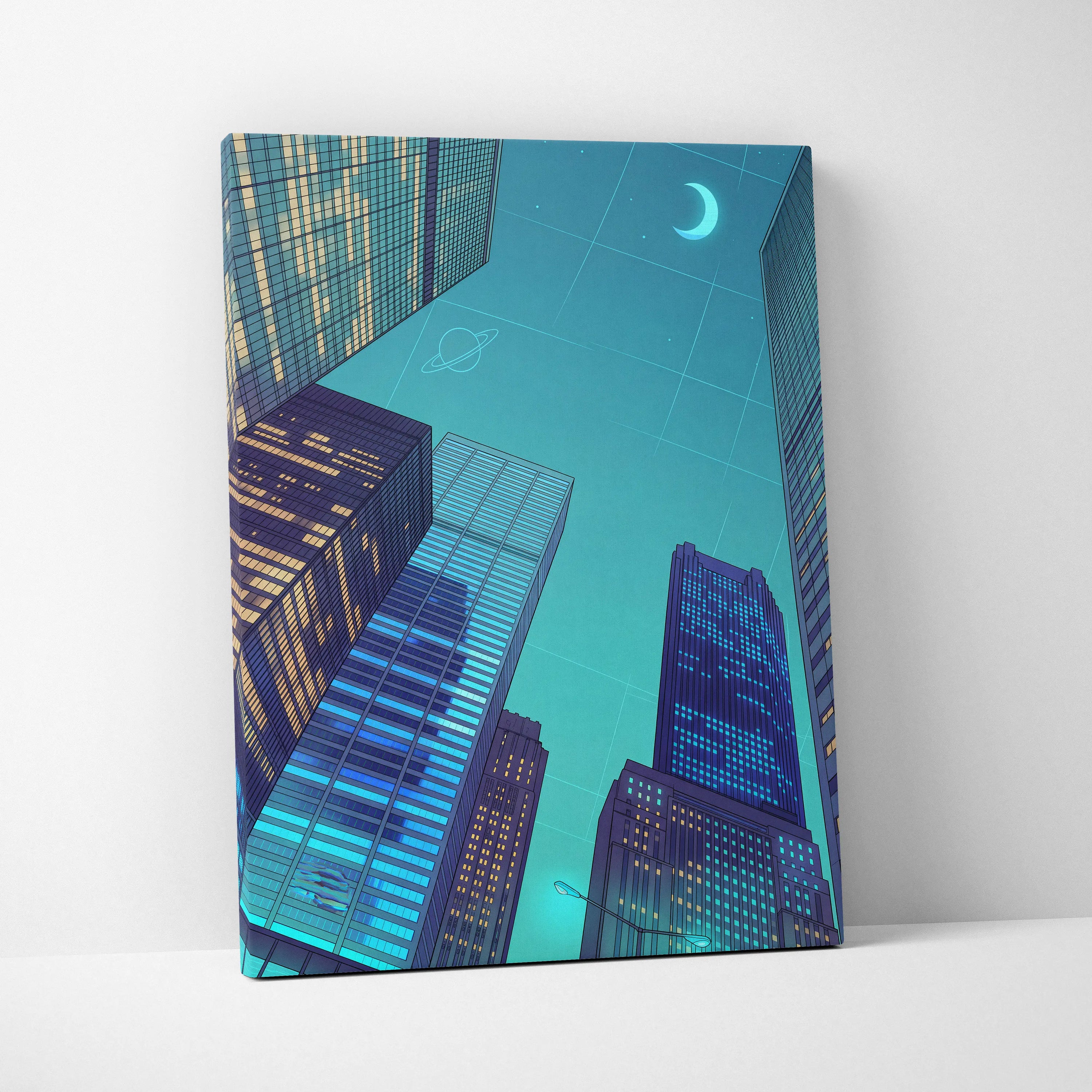 Neon Skyline Vaporwave Canvas - Cityscape Neon Blues Teal Living Room Vaporwave Dreamy Mood Retro Futurism Vaporwave Canvas