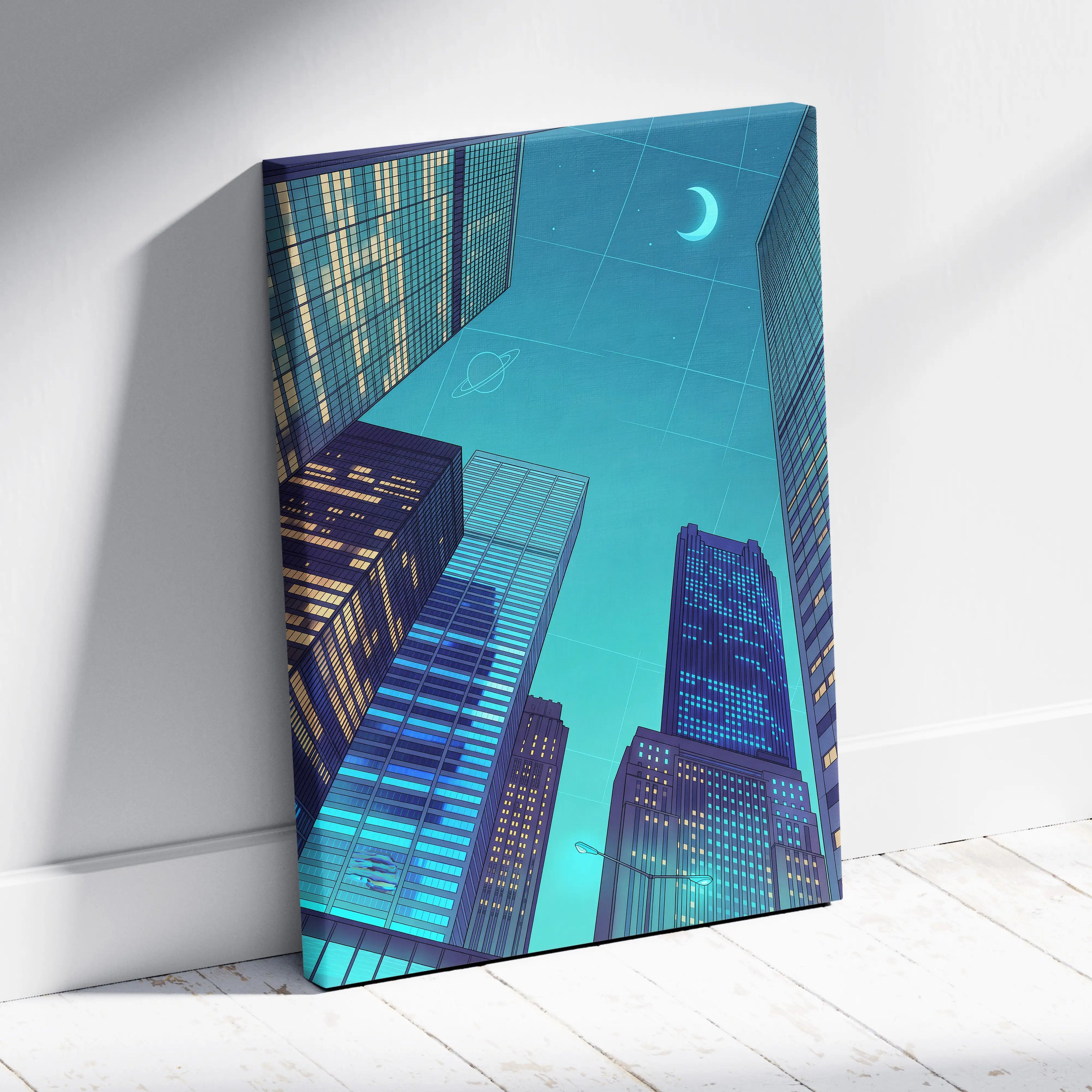 Neon Skyline Vaporwave Canvas - Cityscape Neon Blues Teal Living Room Vaporwave Dreamy Mood Retro Futurism Vaporwave Canvas