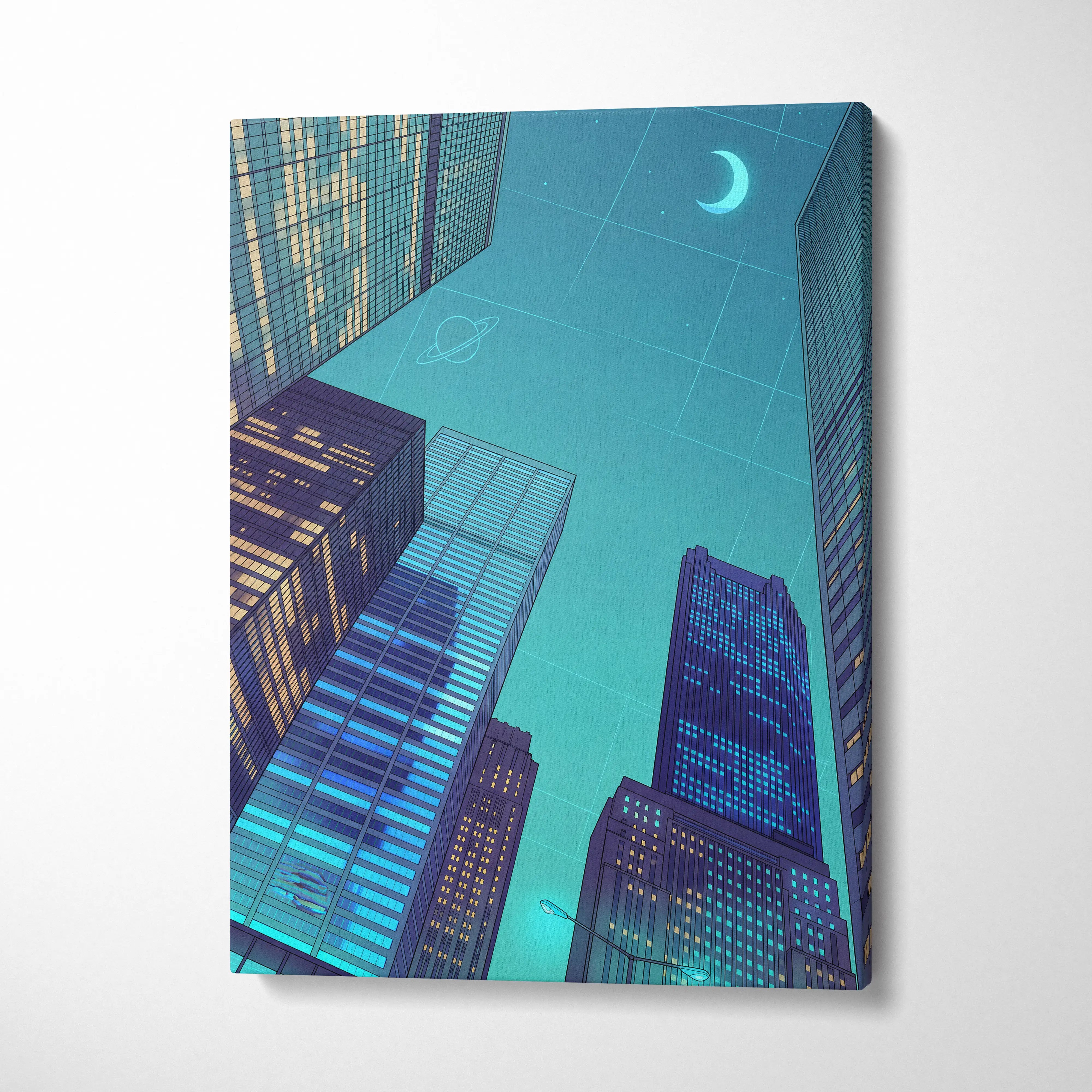 Neon Skyline Vaporwave Canvas - Cityscape Neon Blues Teal Living Room Vaporwave Dreamy Mood Retro Futurism Vaporwave Canvas