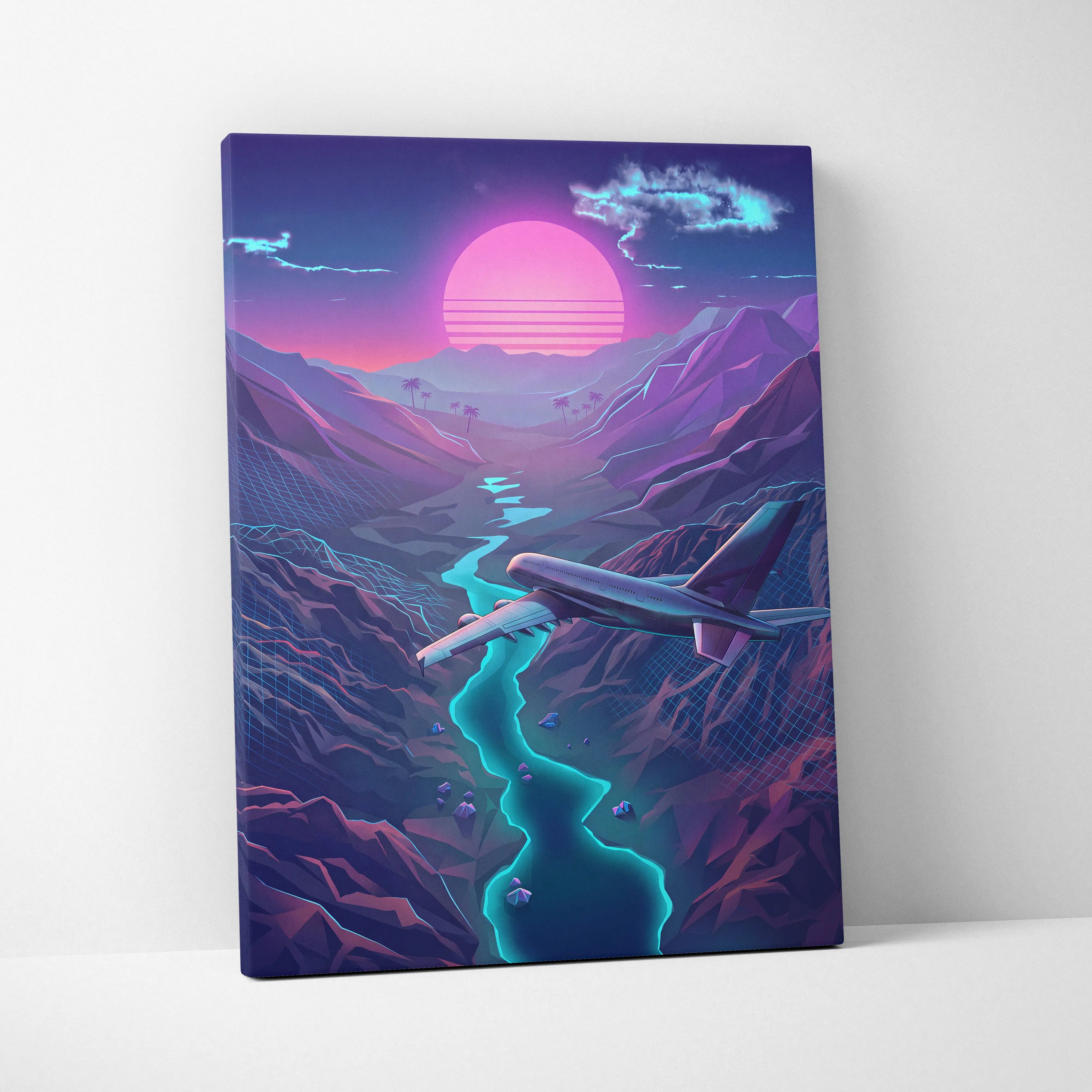 Neon Sunset Vaporwave Canvas - Neon Sunset Pink Purple Cyan Living Room Vaporwave Dreamy Retro Futurism Wall Art Canvas