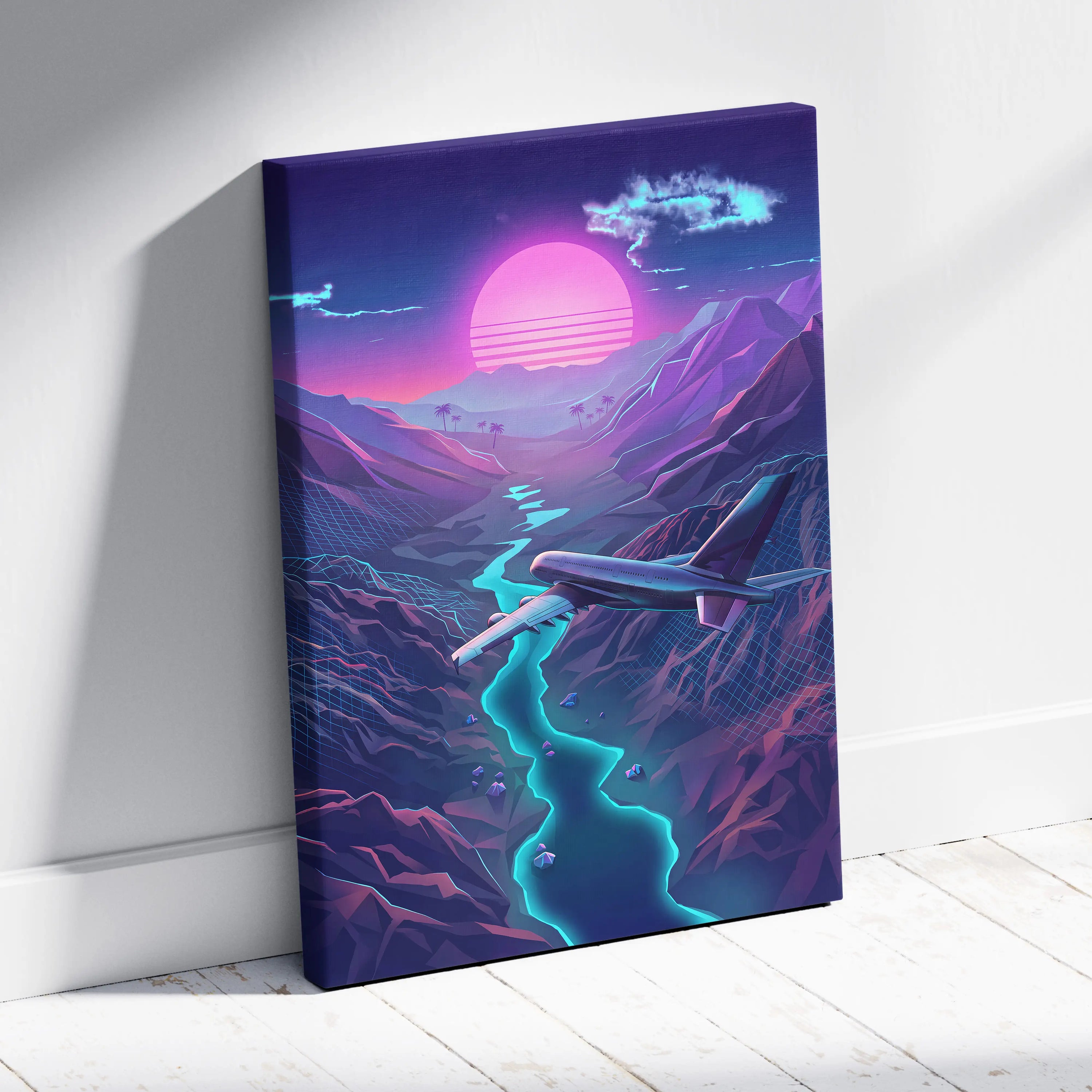 Neon Sunset Vaporwave Canvas - Neon Sunset Pink Purple Cyan Living Room Vaporwave Dreamy Retro Futurism Wall Art Canvas