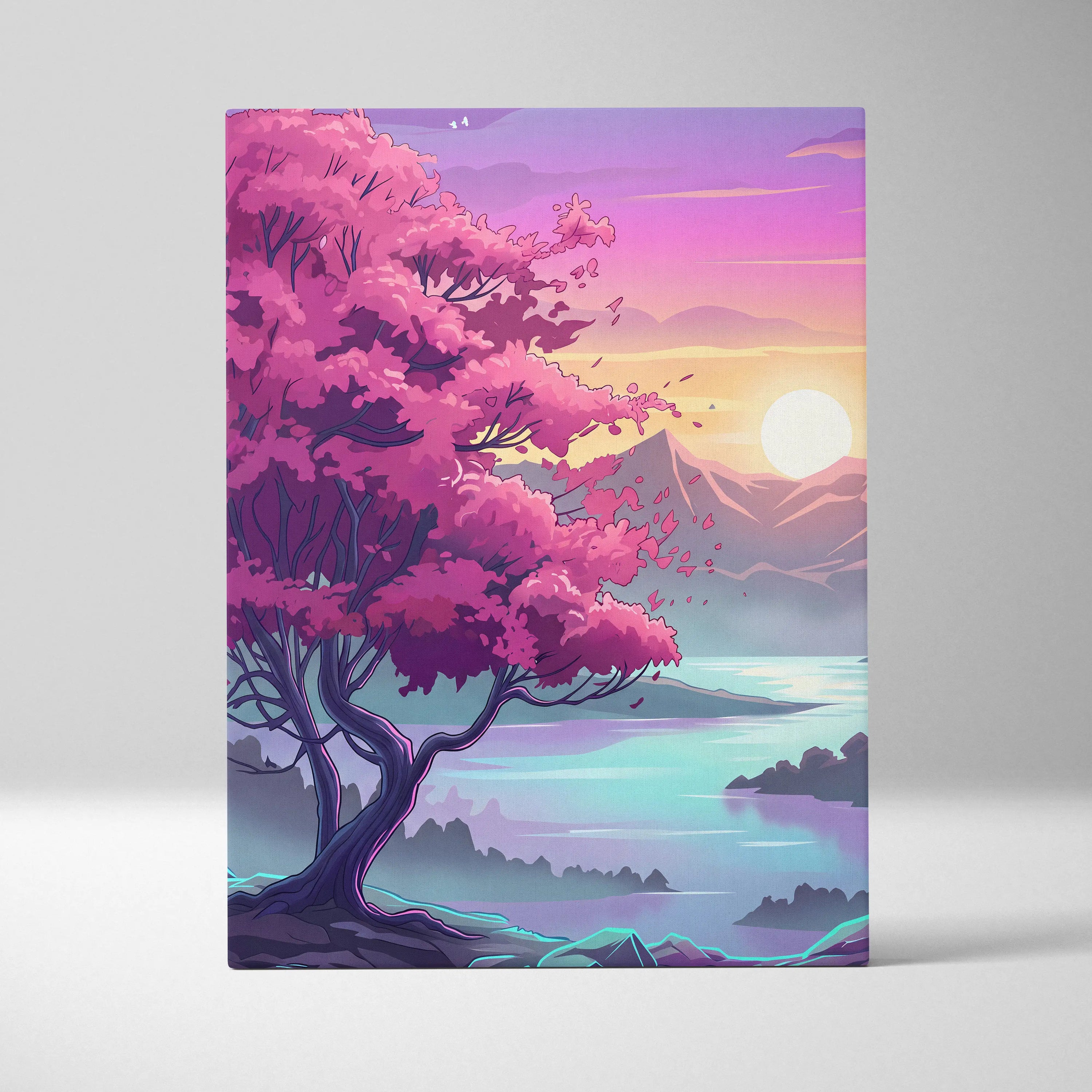 Neon Vaporwave Landscape Canvas - Landscape Neon Pink Purple Cyan Living Room Vaporwave Dreamy Retro Modern Art Canvas