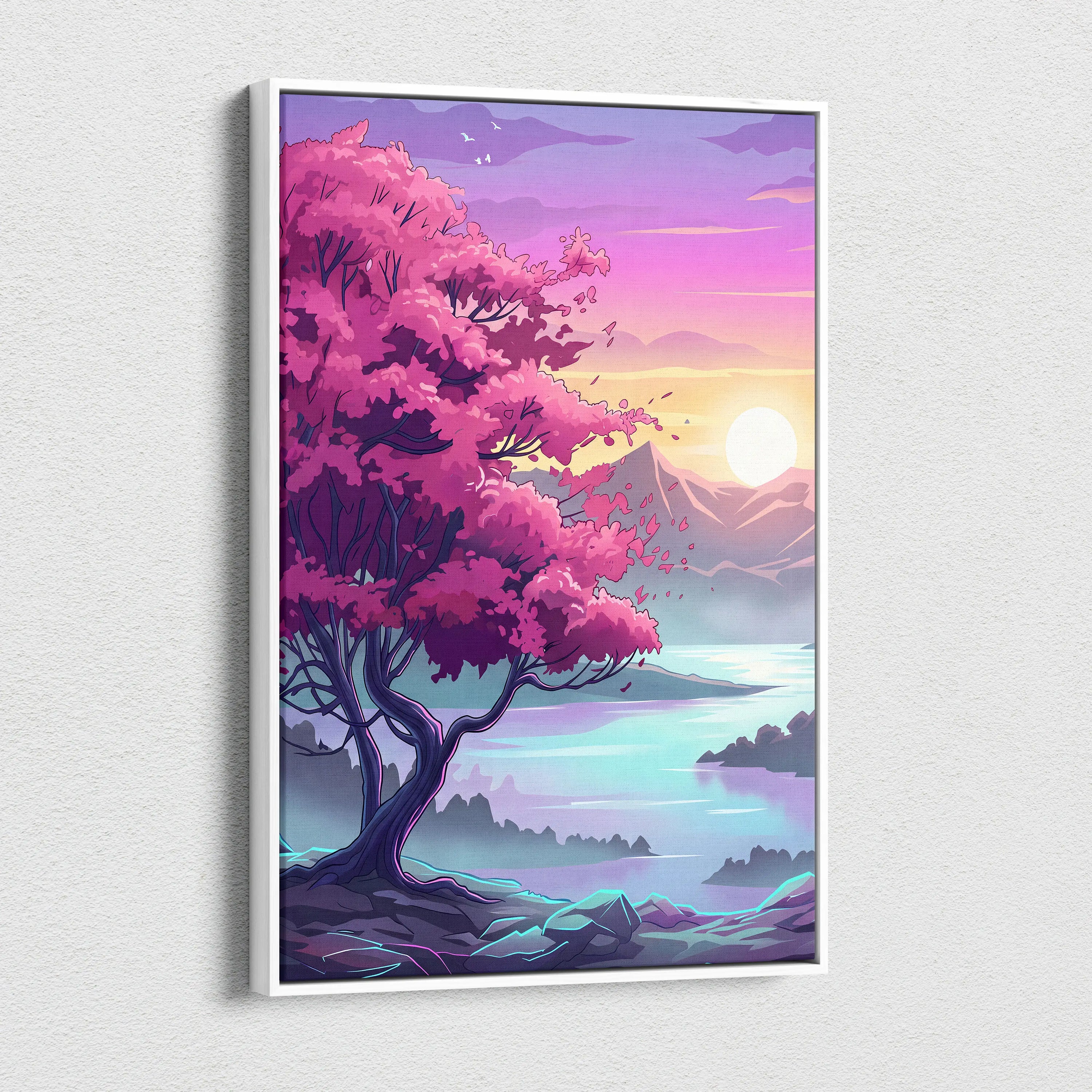 Neon Vaporwave Landscape Canvas - Landscape Neon Pink Purple Cyan Living Room Vaporwave Dreamy Retro Modern Art Canvas