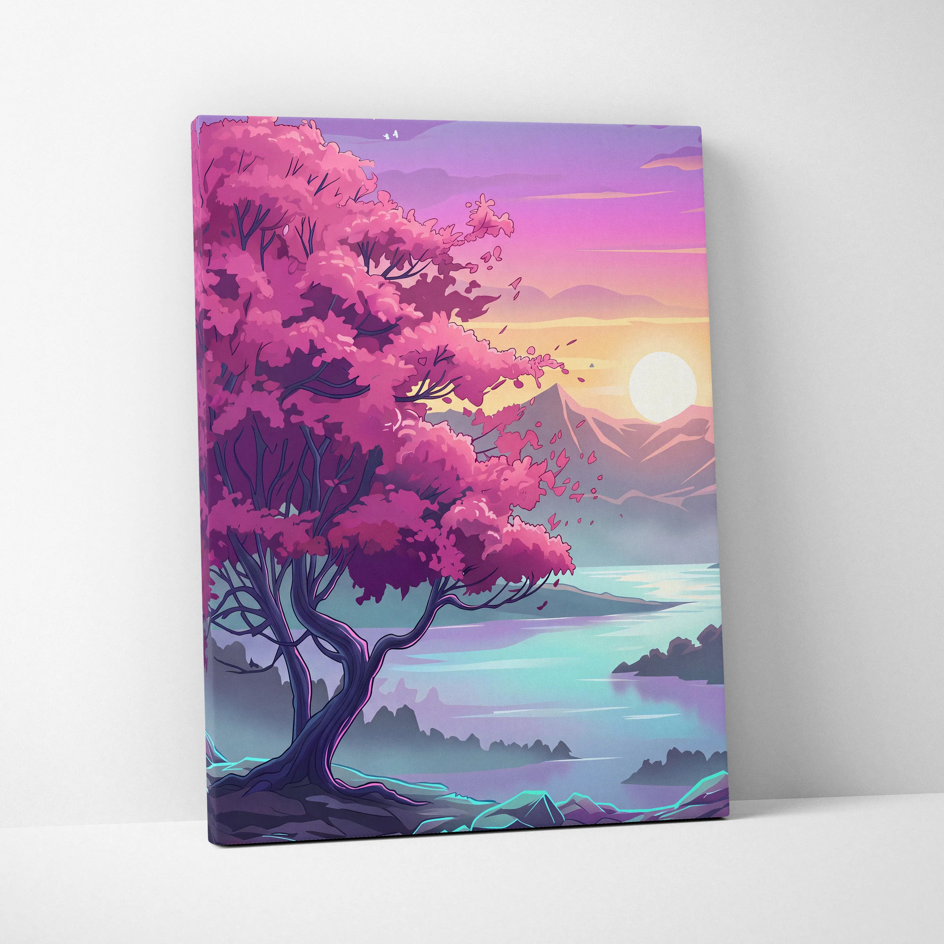 Neon Vaporwave Landscape Canvas - Landscape Neon Pink Purple Cyan Living Room Vaporwave Dreamy Retro Modern Art Canvas
