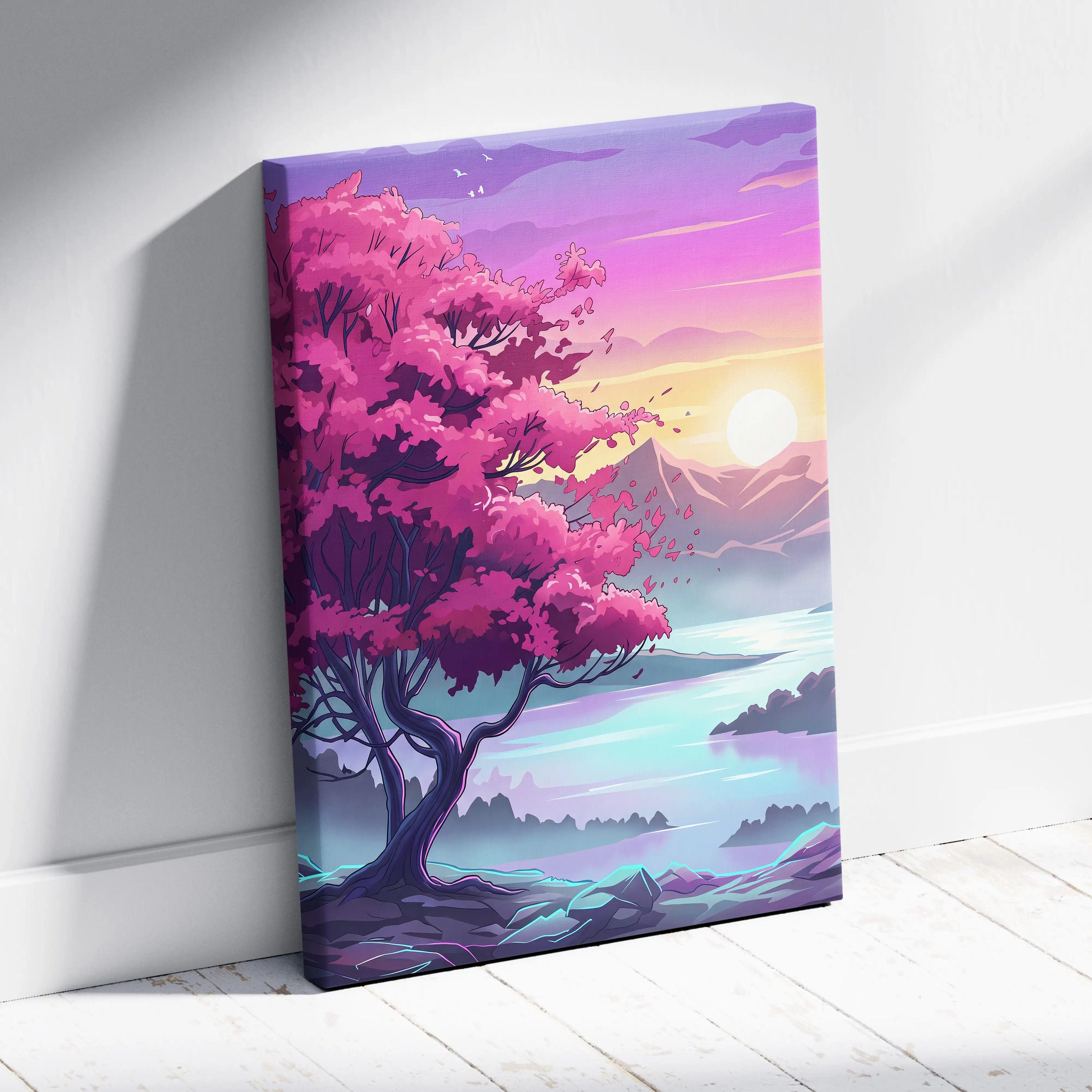 Neon Vaporwave Landscape Canvas - Landscape Neon Pink Purple Cyan Living Room Vaporwave Dreamy Retro Modern Art Canvas