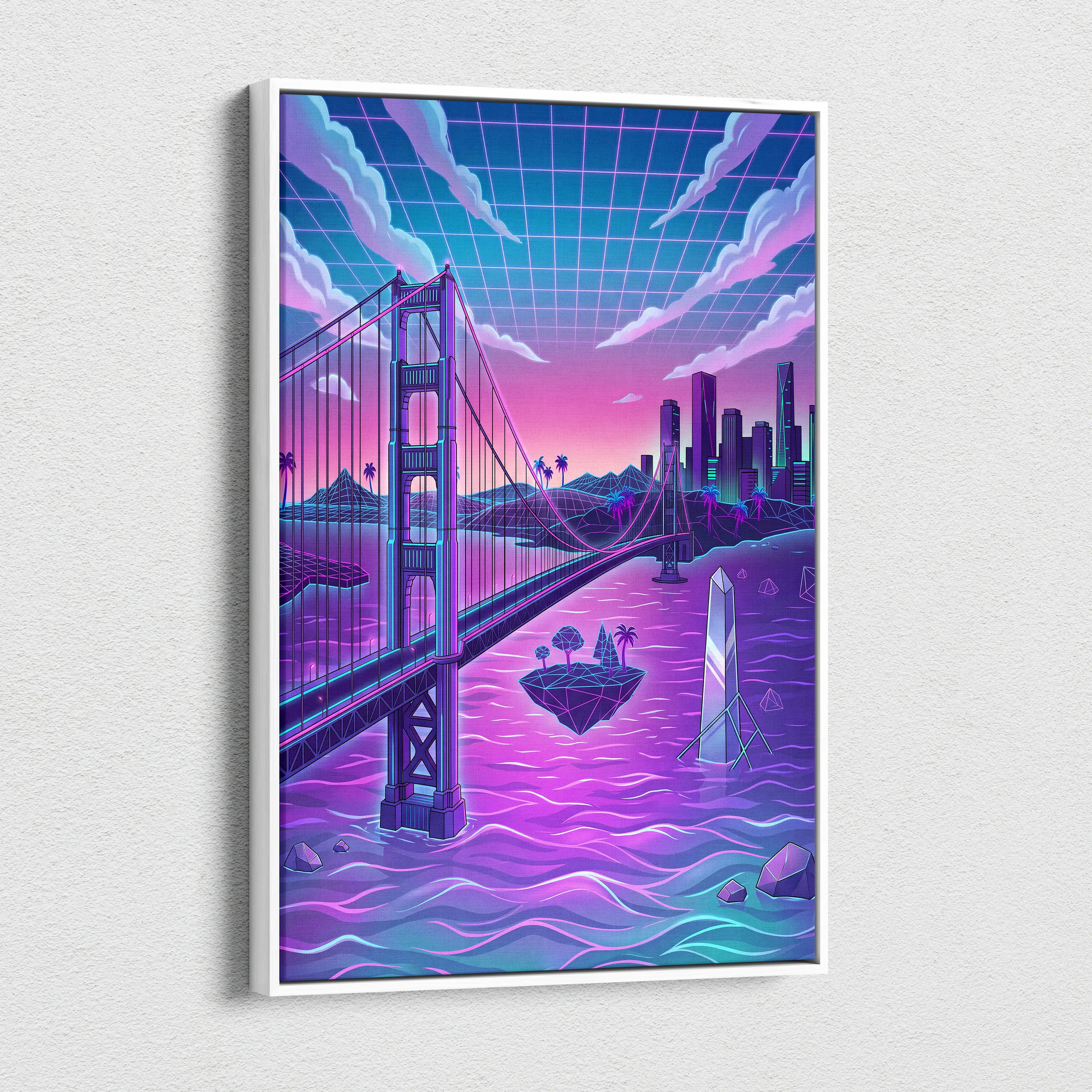 Neon Vaporwave City Canvas - Vaporwave City Neon Pink Purple Blue Living Room Decor Retro Futurism Dreamy Neon Nostalgia Vaporwave Decor Canvas Print