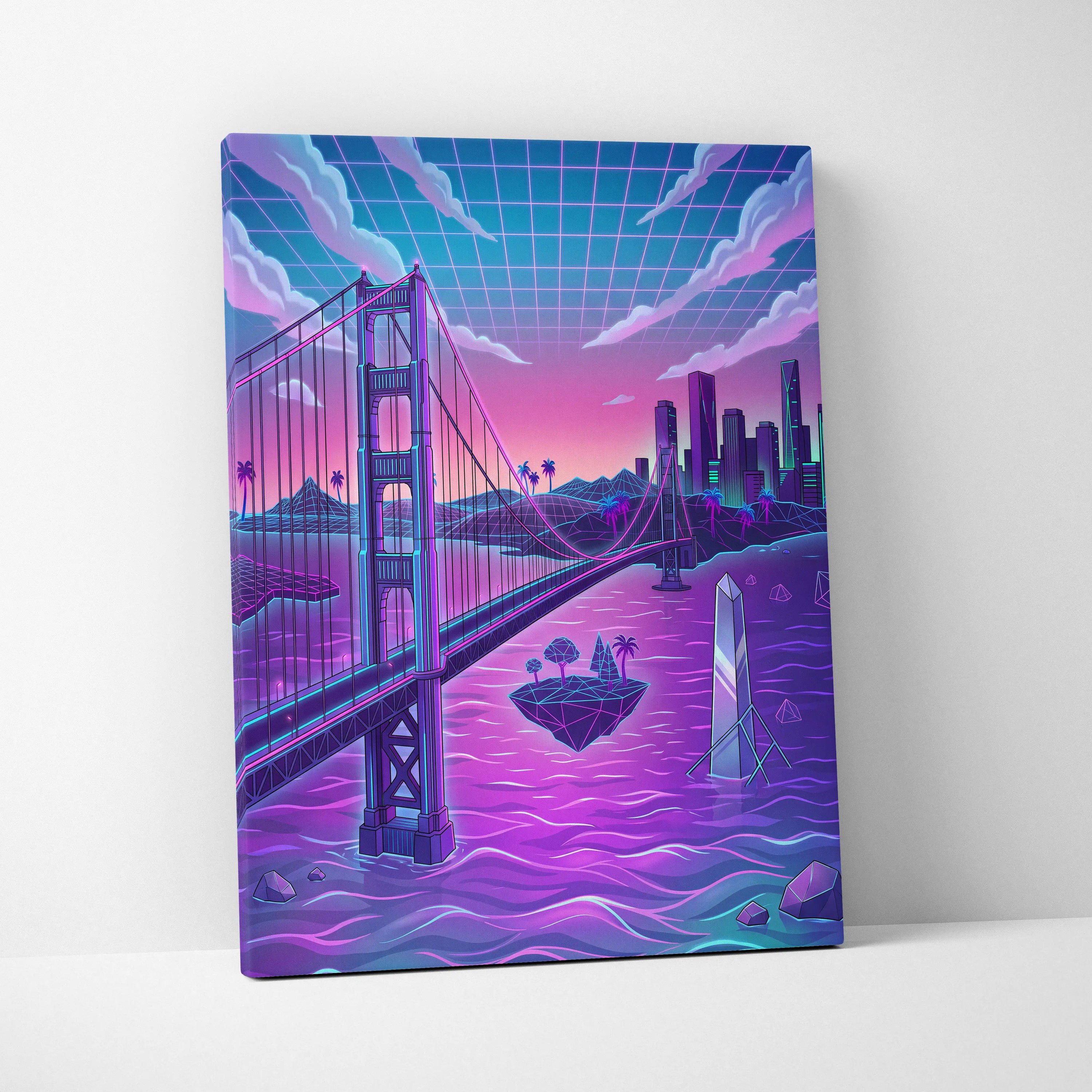 Neon Vaporwave City Canvas - Vaporwave City Neon Pink Purple Blue Living Room Decor Retro Futurism Dreamy Neon Nostalgia Vaporwave Decor Canvas Print
