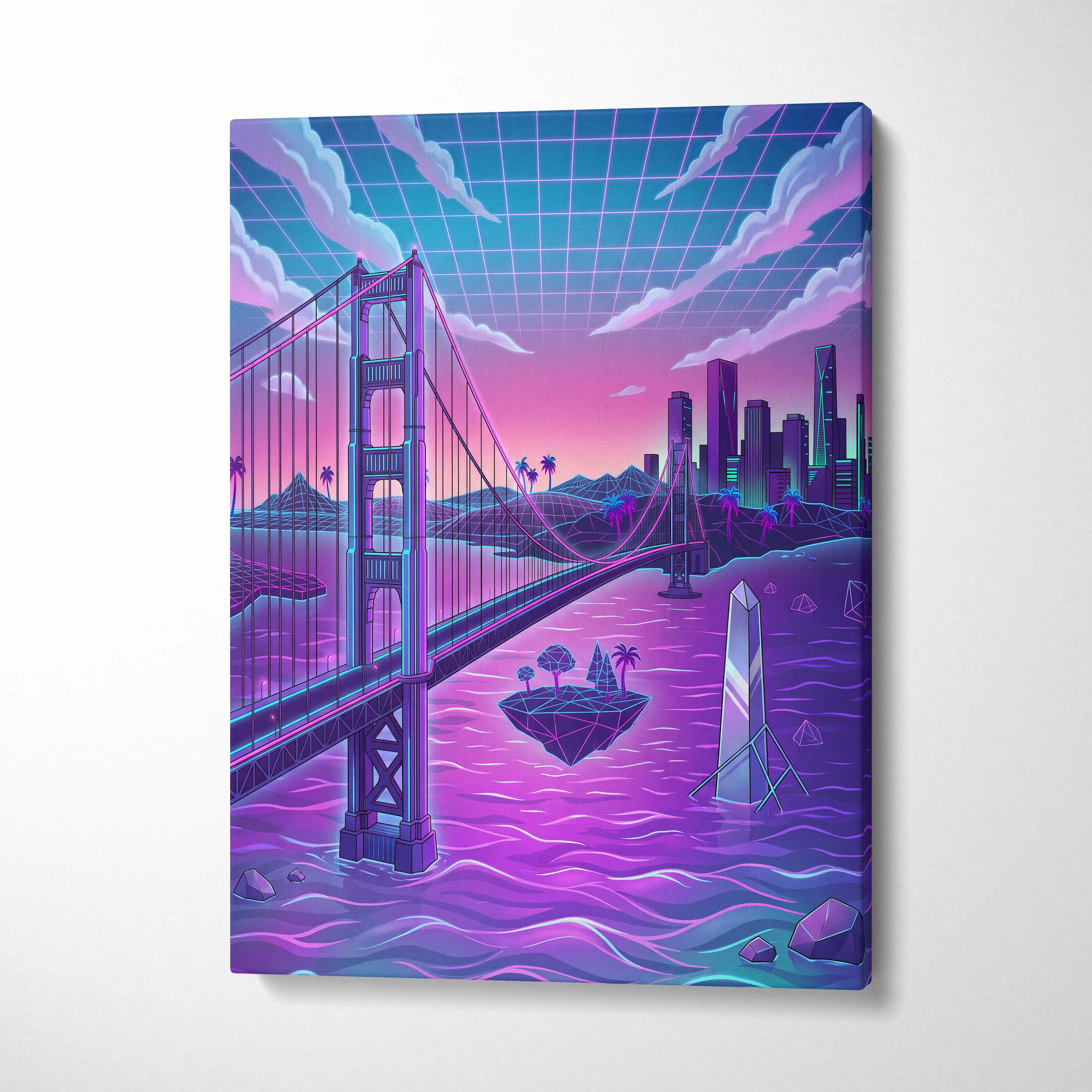 Neon Vaporwave City Canvas - Vaporwave City Neon Pink Purple Blue Living Room Decor Retro Futurism Dreamy Neon Nostalgia Vaporwave Decor Canvas Print