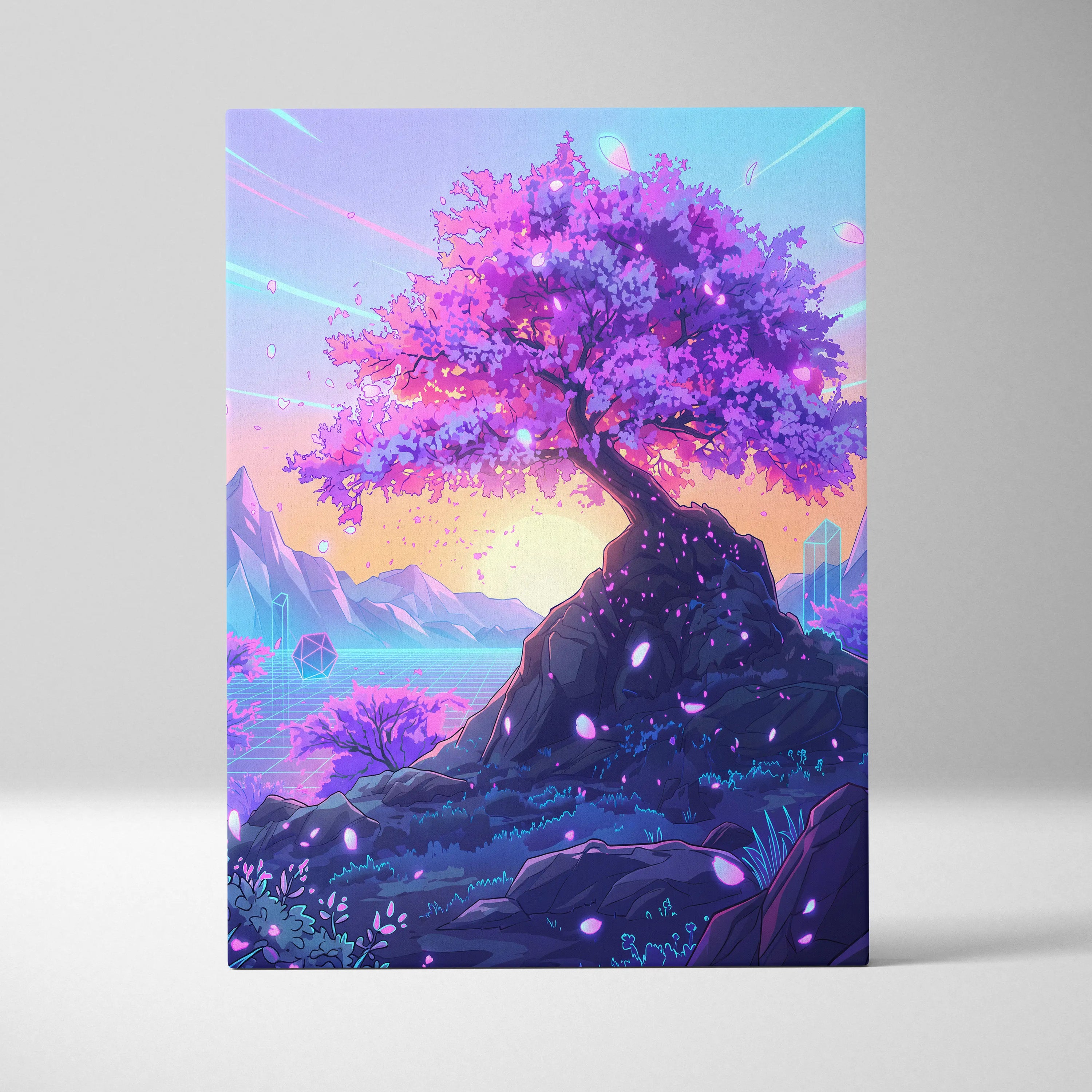 Neon Sakura Vaporwave Canvas - Sakura Tree Neon Pink Purple Blue Living Decor Vaporwave Dreamy Surreal Wall Art Canvas