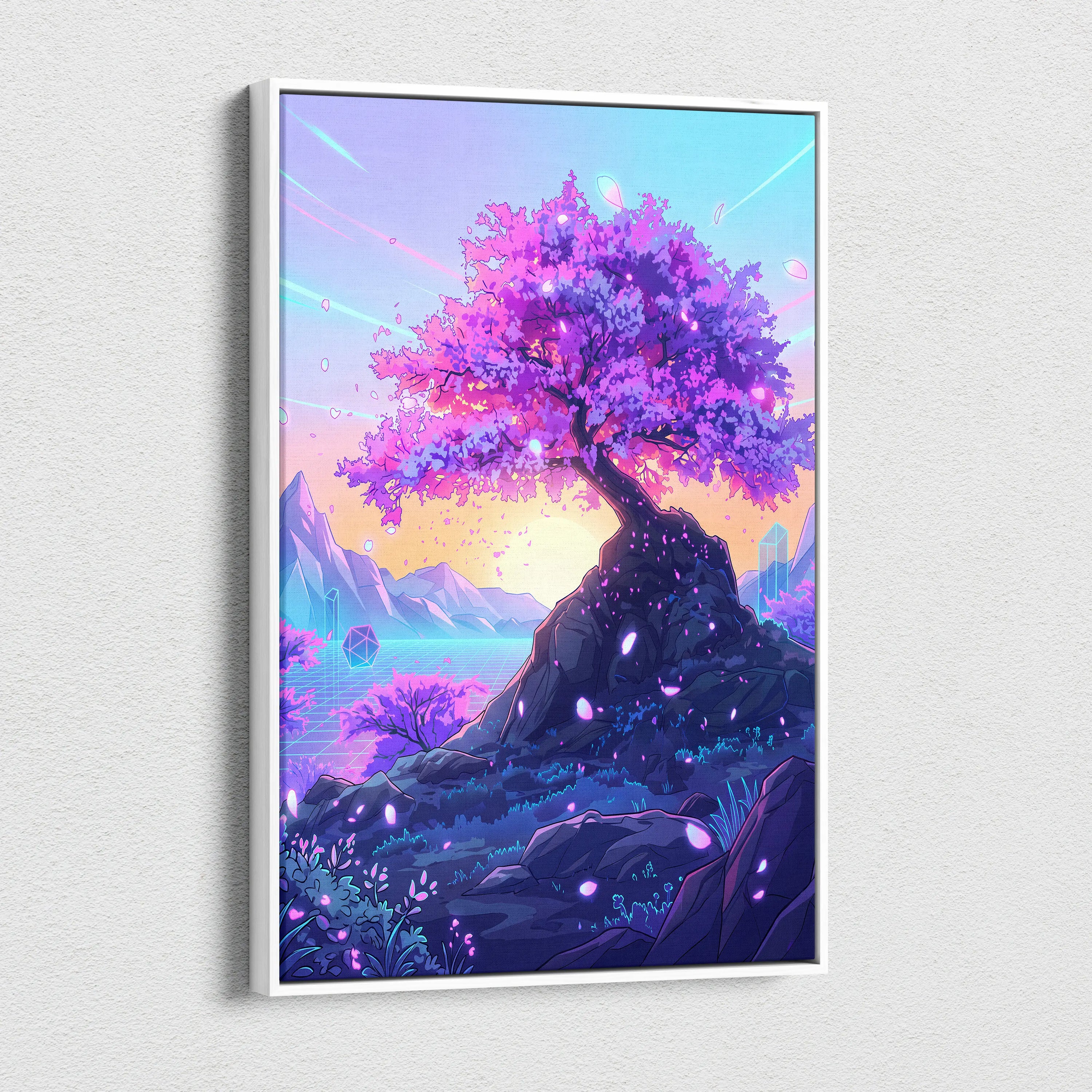 Neon Sakura Vaporwave Canvas - Sakura Tree Neon Pink Purple Blue Living Decor Vaporwave Dreamy Surreal Wall Art Canvas