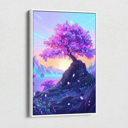 Neon Sakura Vaporwave Canvas - Sakura Tree Neon Pink Purple Blue Living Decor Vaporwave Dreamy Surreal Wall Art Canvas