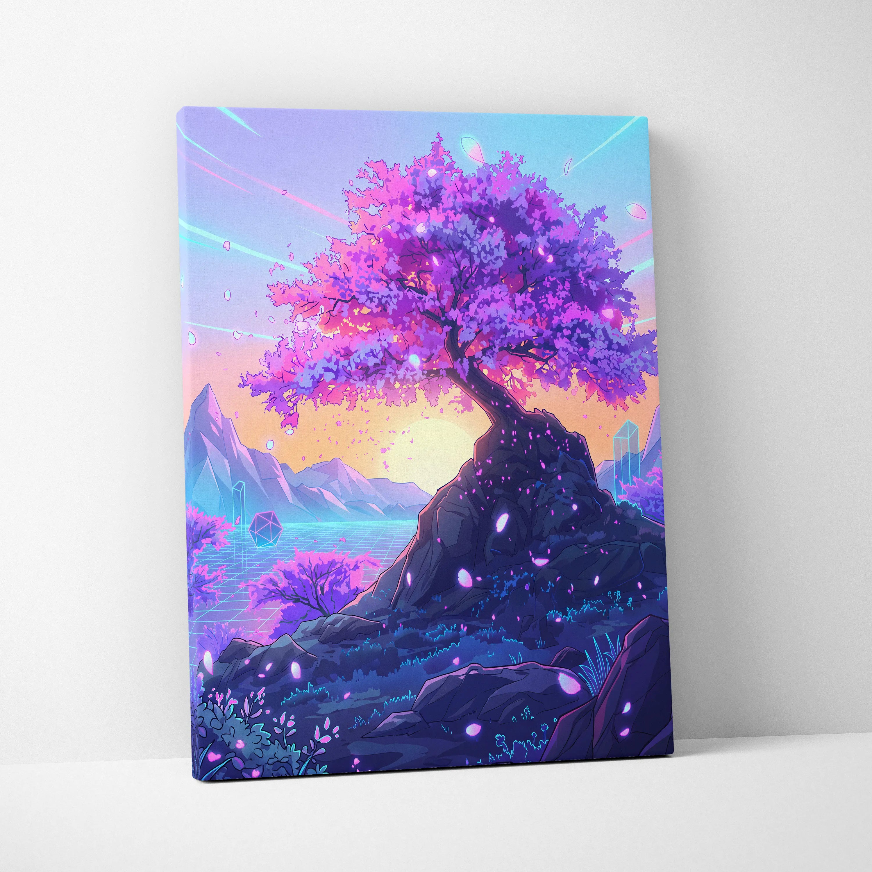 Neon Sakura Vaporwave Canvas - Sakura Tree Neon Pink Purple Blue Living Decor Vaporwave Dreamy Surreal Wall Art Canvas