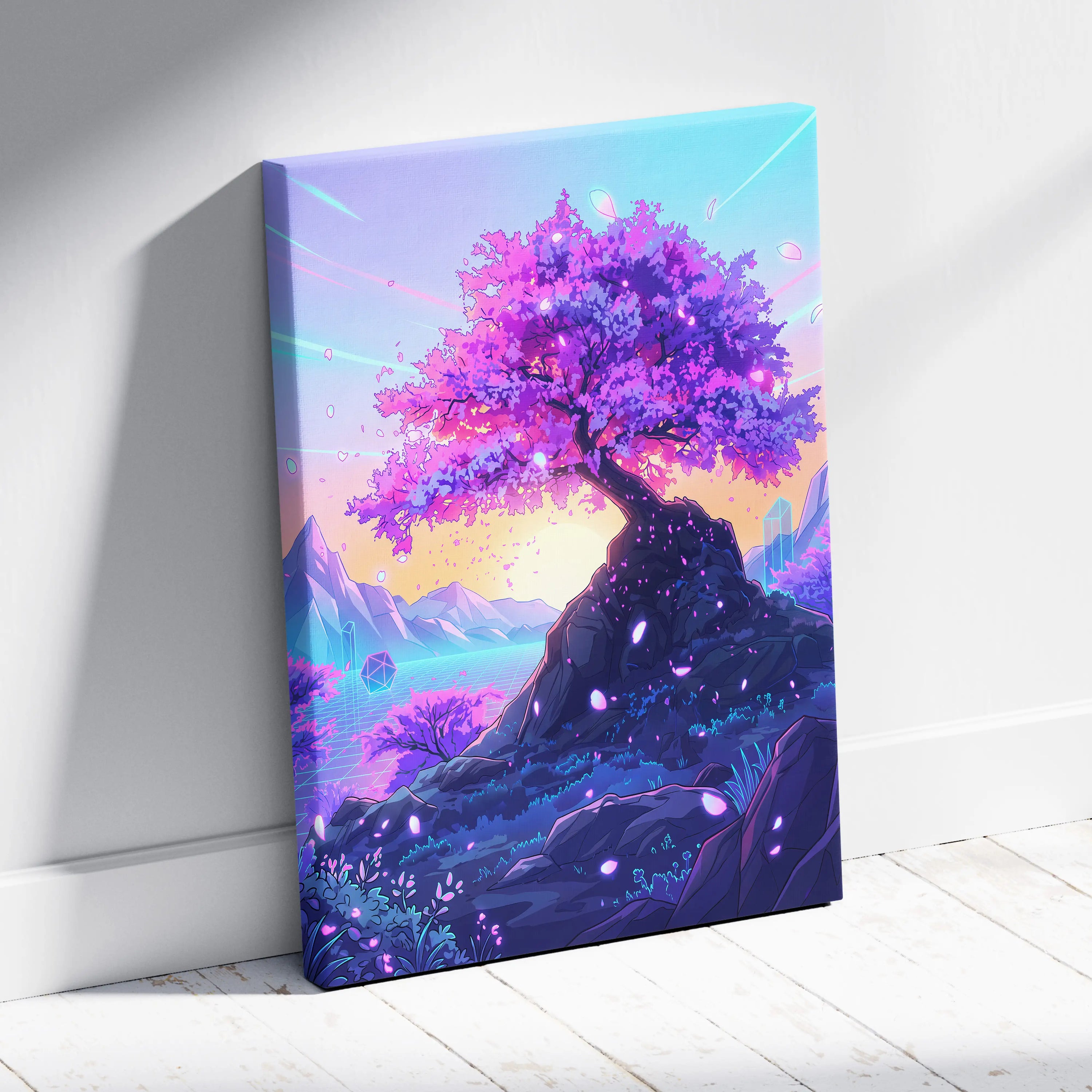Neon Sakura Vaporwave Canvas - Sakura Tree Neon Pink Purple Blue Living Decor Vaporwave Dreamy Surreal Wall Art Canvas