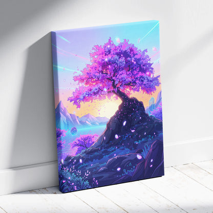 Neon Sakura Vaporwave Canvas - Sakura Tree Neon Pink Purple Blue Living Decor Vaporwave Dreamy Surreal Wall Art Canvas