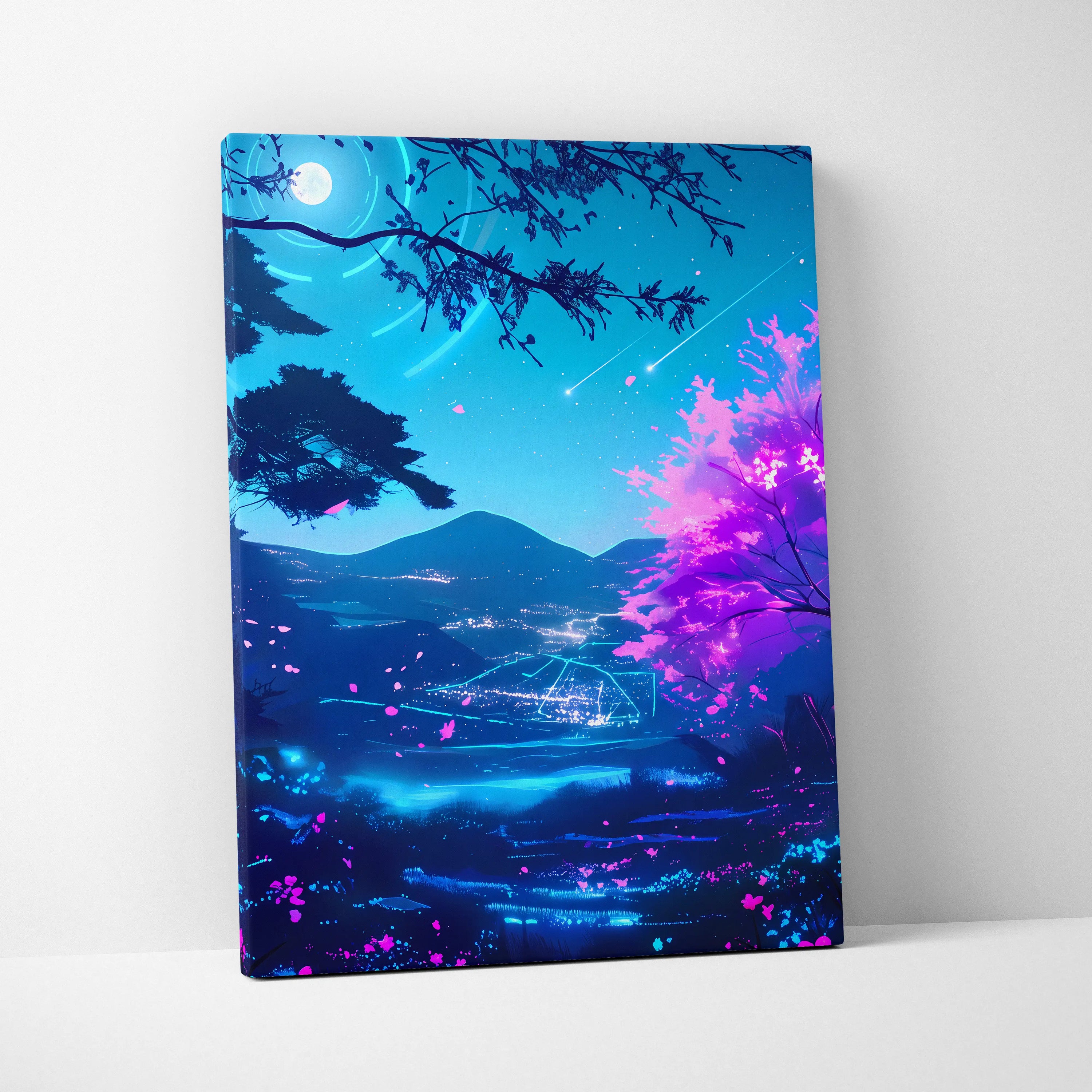 Neon Vaporwave Landscape Canvas - Vaporwave Landscape Neon Blues For Living Room Synthwave Dreamy Mood Modern Wall Decor