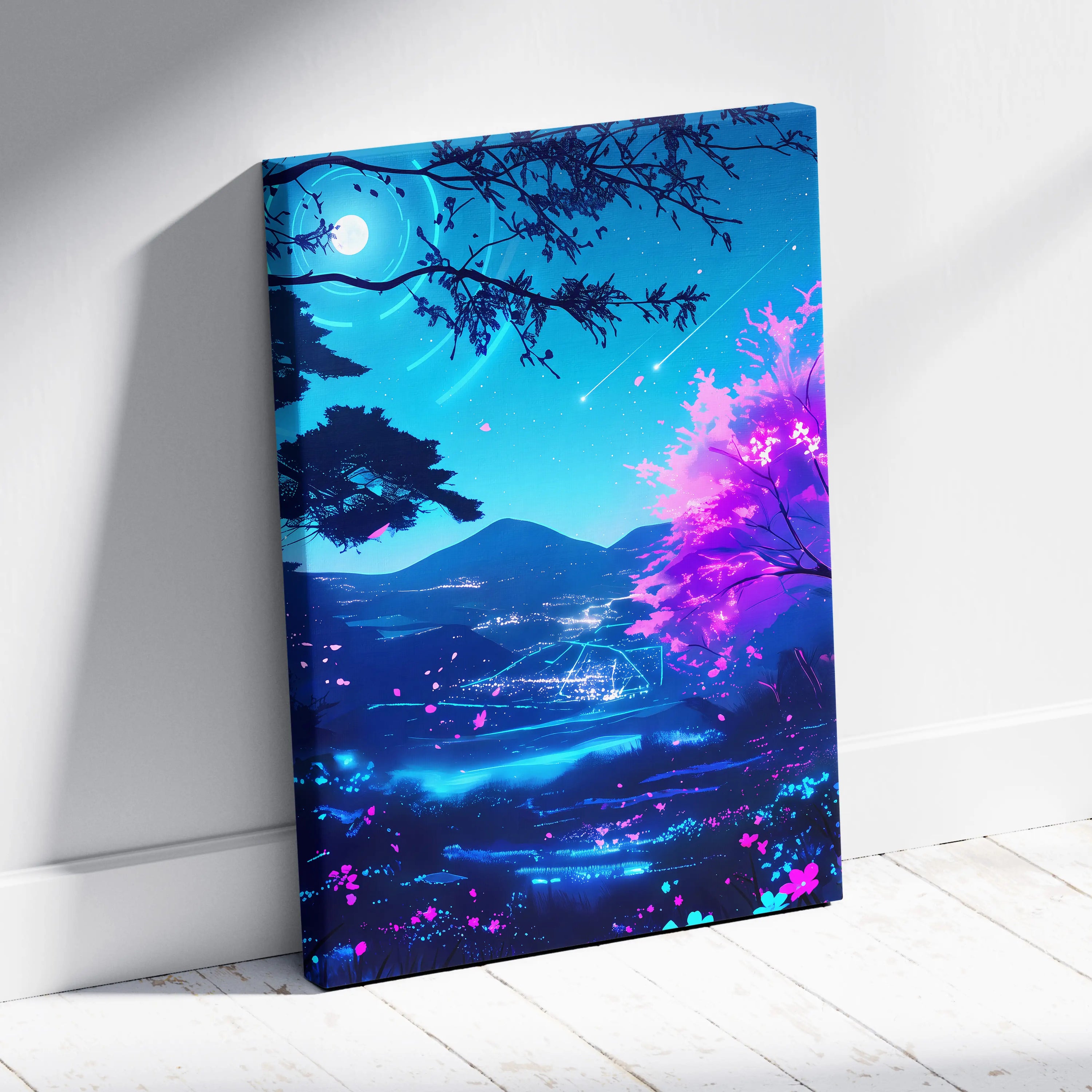 Neon Vaporwave Landscape Canvas - Vaporwave Landscape Neon Blues For Living Room Synthwave Dreamy Mood Modern Wall Decor