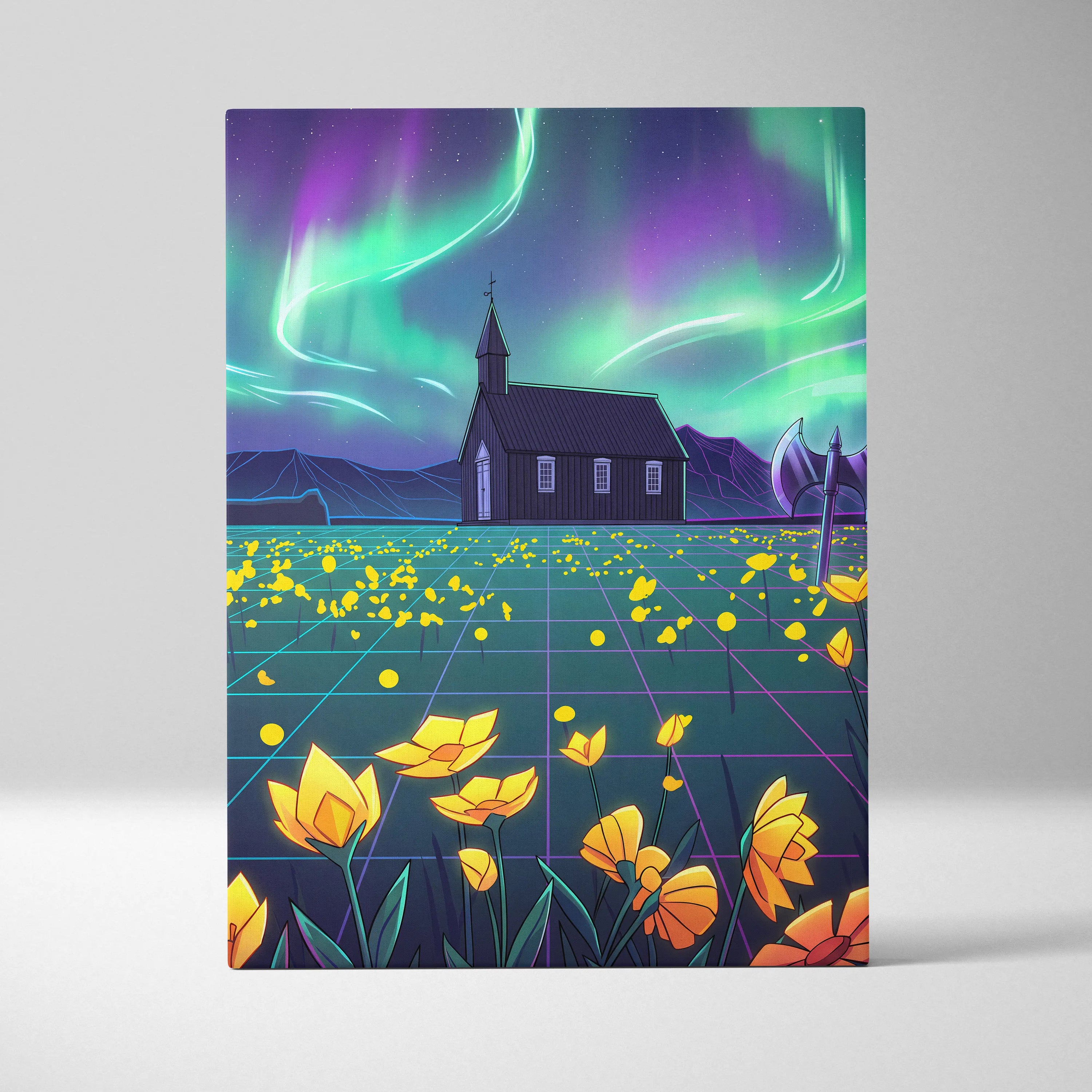 Neon Aurora Villa Vaporwave Canvas - Vaporwave Landscape Neon Green Purple Living Room Wall Art Dreamy Mood Vaporwave