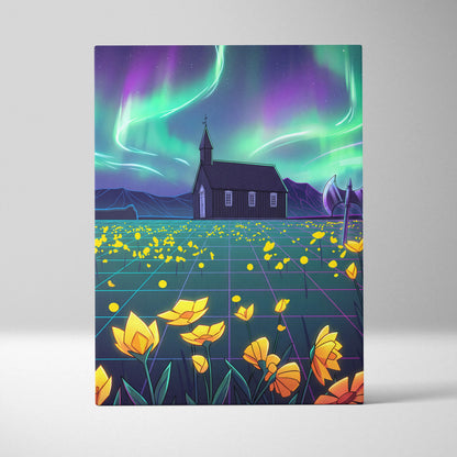 Neon Aurora Villa Vaporwave Canvas - Vaporwave Landscape Neon Green Purple Living Room Wall Art Dreamy Mood Vaporwave