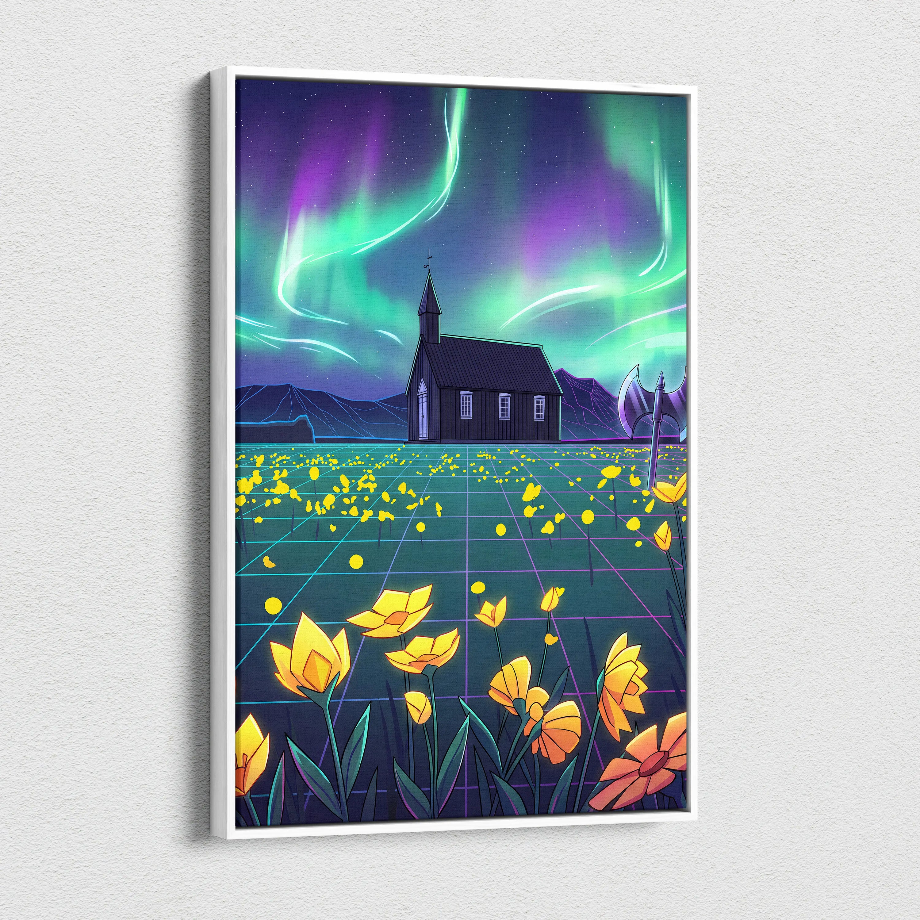 Neon Aurora Villa Vaporwave Canvas - Vaporwave Landscape Neon Green Purple Living Room Wall Art Dreamy Mood Vaporwave