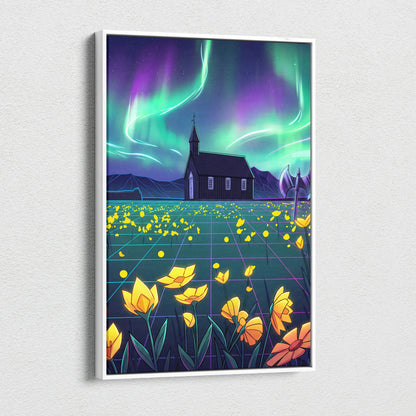 Neon Aurora Villa Vaporwave Canvas - Vaporwave Landscape Neon Green Purple Living Room Wall Art Dreamy Mood Vaporwave