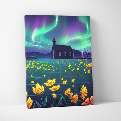 Neon Aurora Villa Vaporwave Canvas - Vaporwave Landscape Neon Green Purple Living Room Wall Art Dreamy Mood Vaporwave