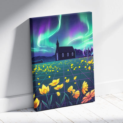 Neon Aurora Villa Vaporwave Canvas - Vaporwave Landscape Neon Green Purple Living Room Wall Art Dreamy Mood Vaporwave