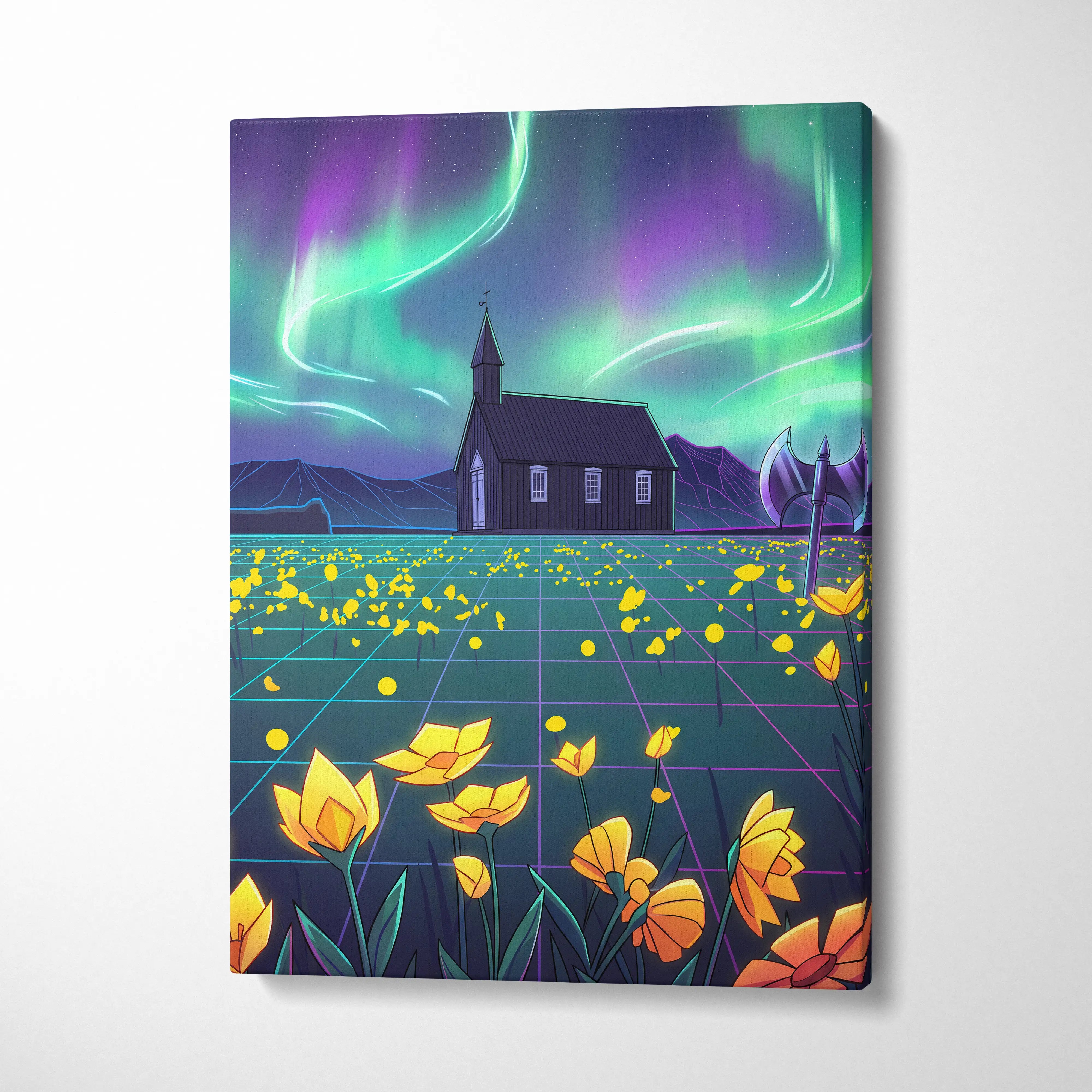 Neon Aurora Villa Vaporwave Canvas - Vaporwave Landscape Neon Green Purple Living Room Wall Art Dreamy Mood Vaporwave