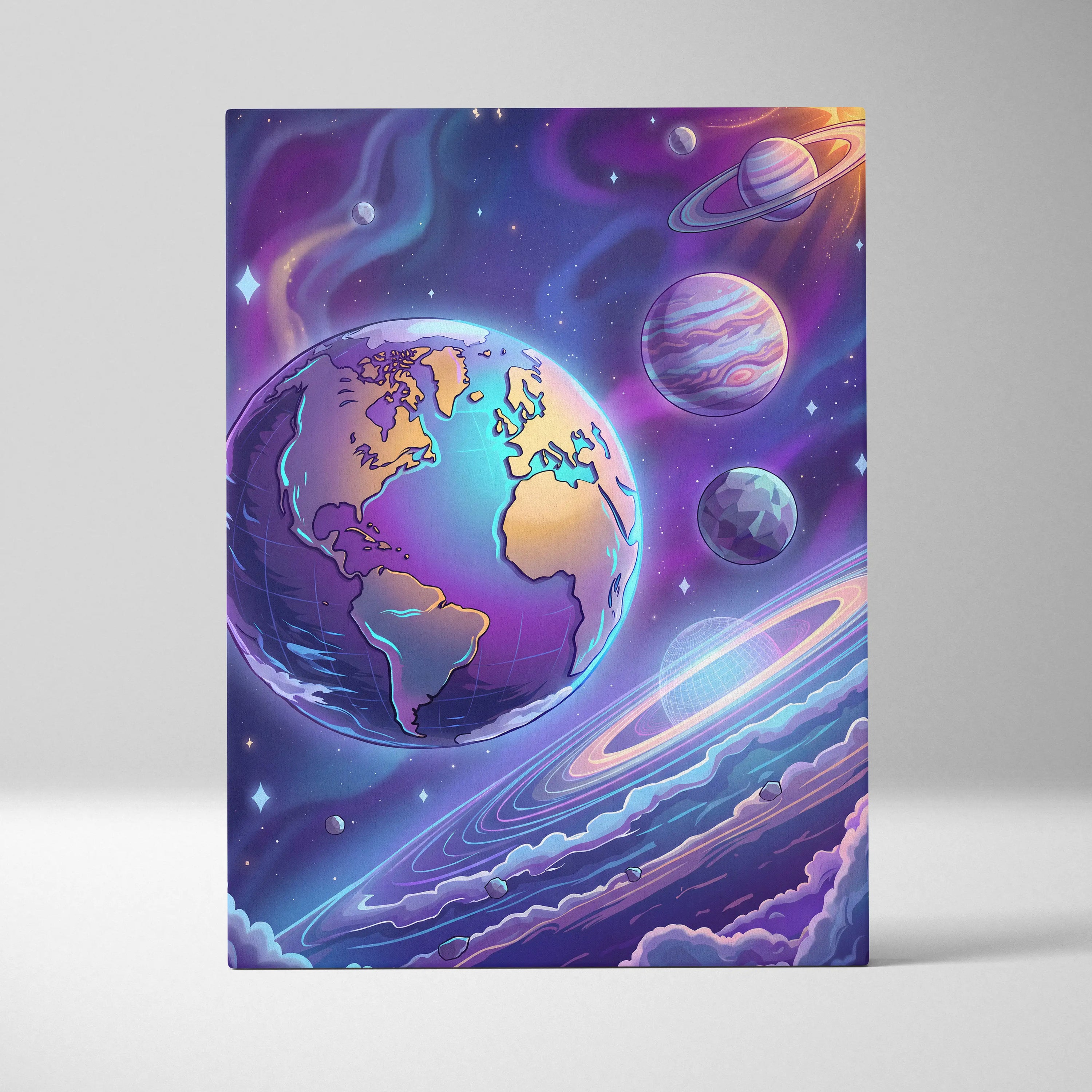 Neon Vaporwave Cosmos Canvas - Space Planets Neon Purple Blue Living Room Vaporwave Dreamy Mood Retro Wall Art Canvas