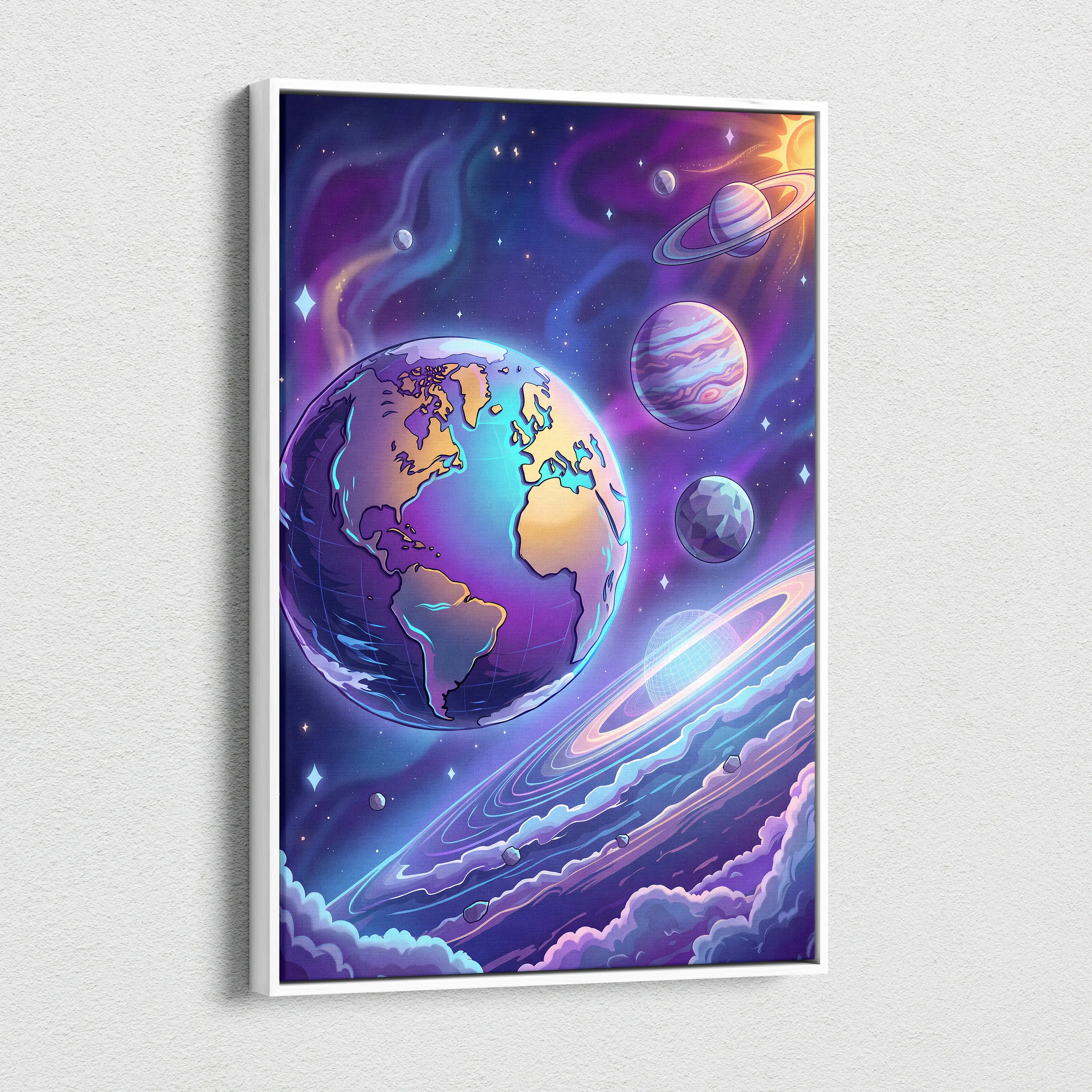 Neon Vaporwave Cosmos Canvas - Space Planets Neon Purple Blue Living Room Vaporwave Dreamy Mood Retro Wall Art Canvas