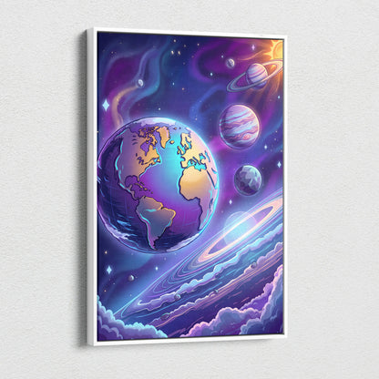 Neon Vaporwave Cosmos Canvas - Space Planets Neon Purple Blue Living Room Vaporwave Dreamy Mood Retro Wall Art Canvas