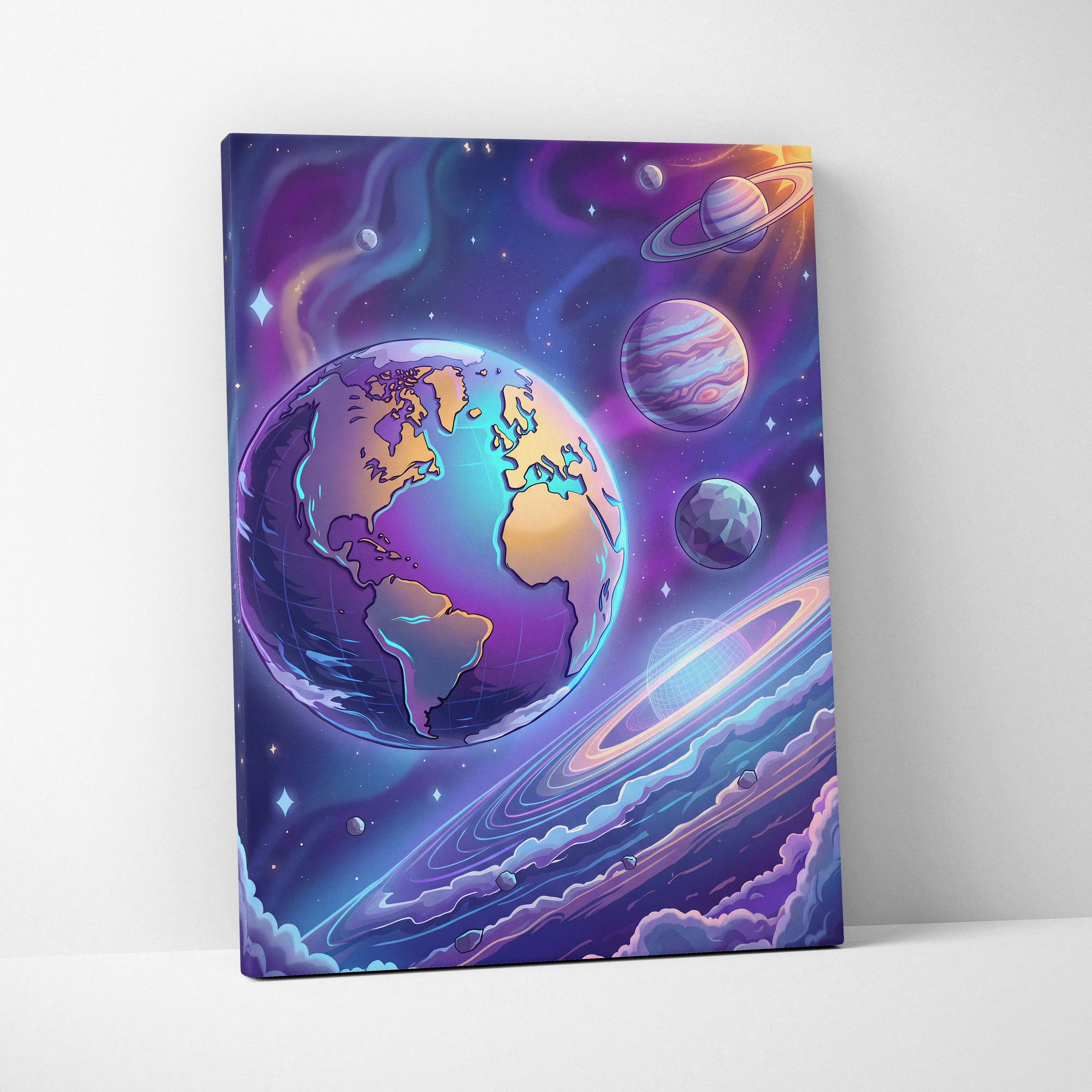 Neon Vaporwave Cosmos Canvas - Space Planets Neon Purple Blue Living Room Vaporwave Dreamy Mood Retro Wall Art Canvas