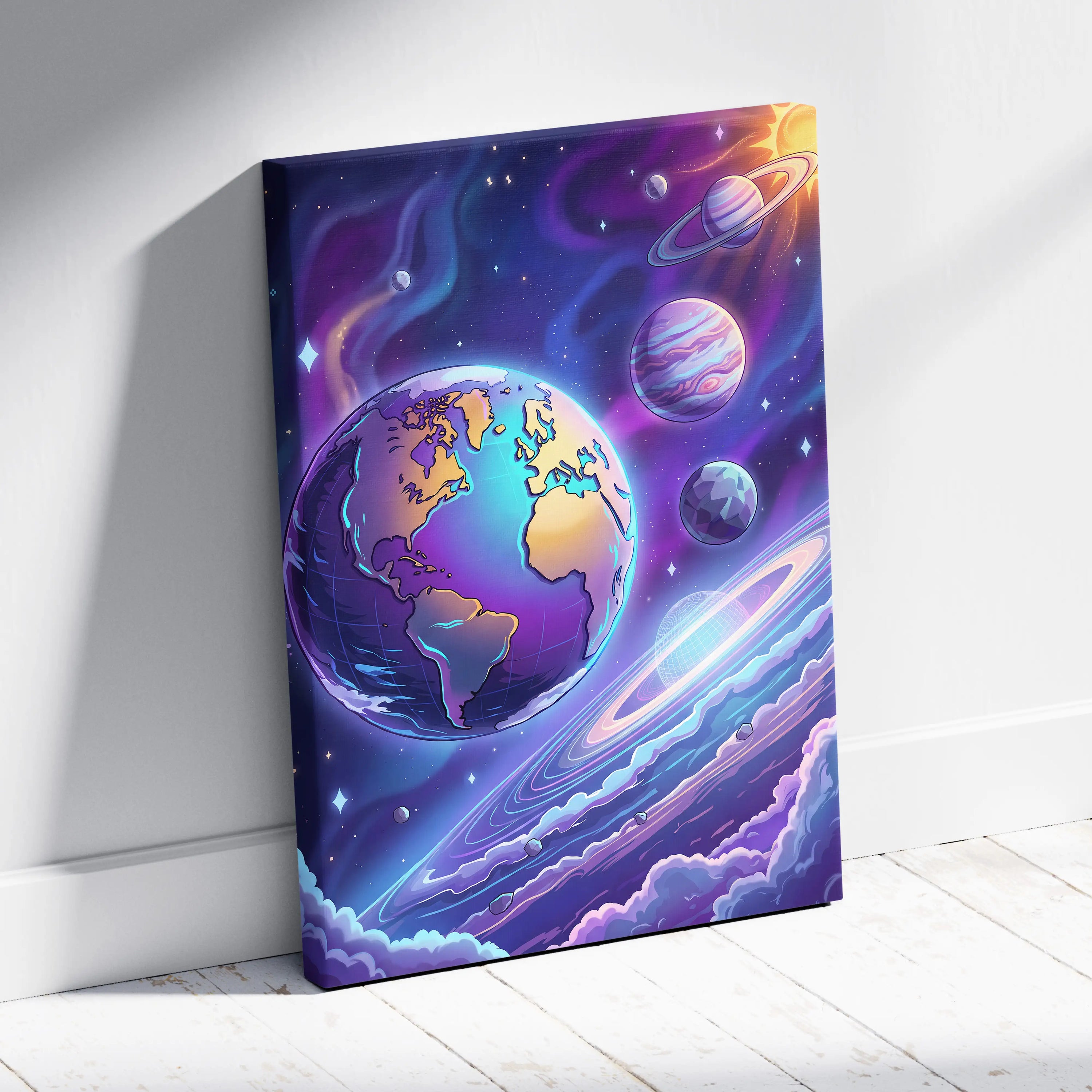 Neon Vaporwave Cosmos Canvas - Space Planets Neon Purple Blue Living Room Vaporwave Dreamy Mood Retro Wall Art Canvas