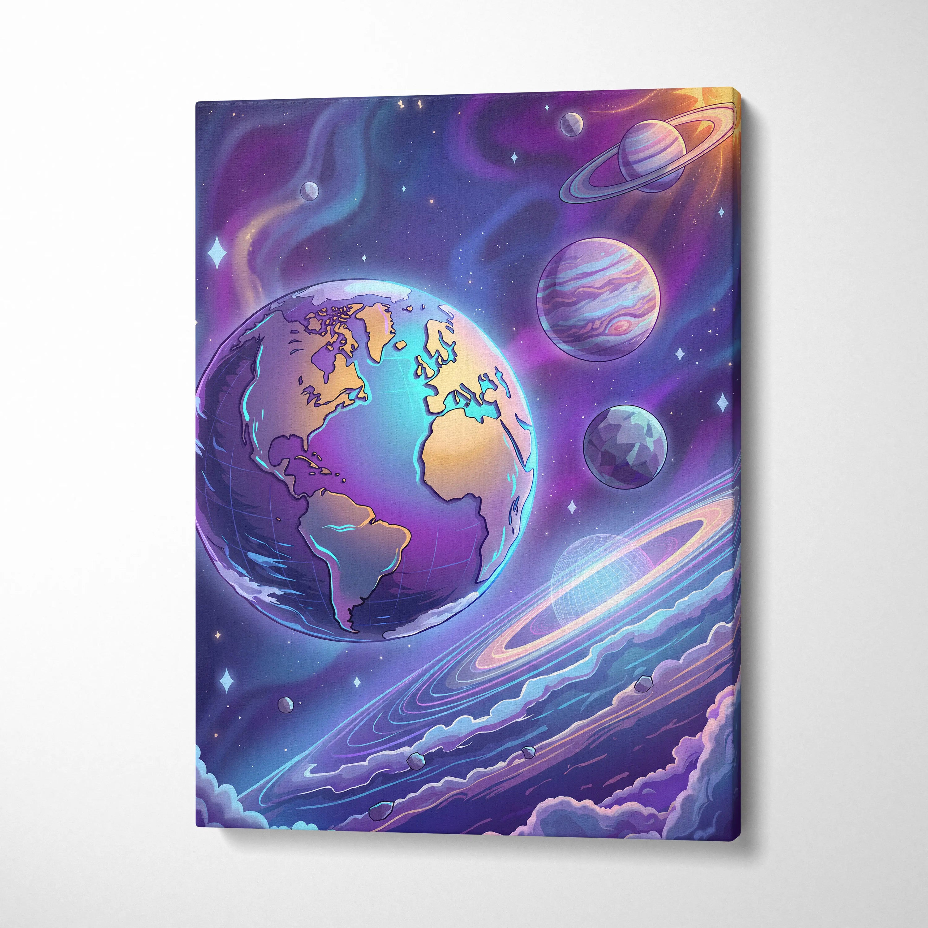 Neon Vaporwave Cosmos Canvas - Space Planets Neon Purple Blue Living Room Vaporwave Dreamy Mood Retro Wall Art Canvas